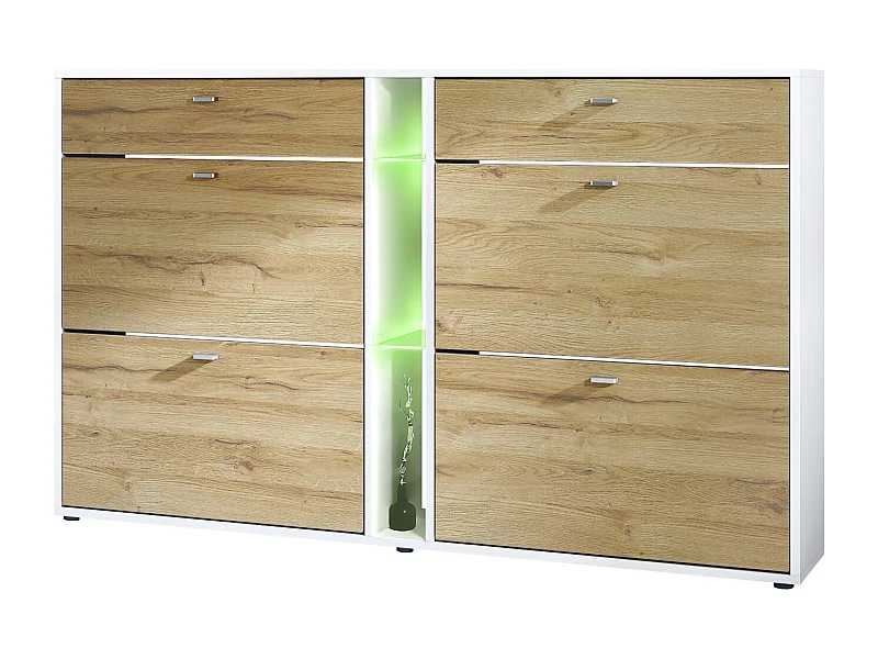 Zapatero con solapas Today 155,5 x 95 x 28 cm, con iluminación LED RGB, estructura en Blanco mate, frentes en roble natural