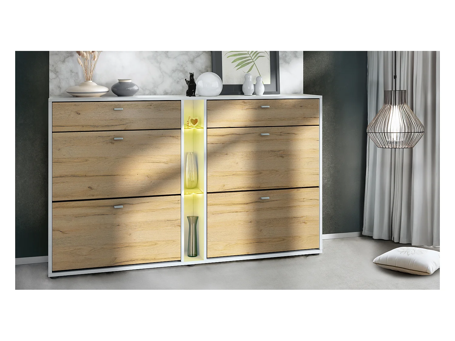 Meuble à chaussures à bascule Today 155,5 x 95 x 28 cm, avec un éclairage LED RGB, corps en Blanc mat, façades en chêne nature