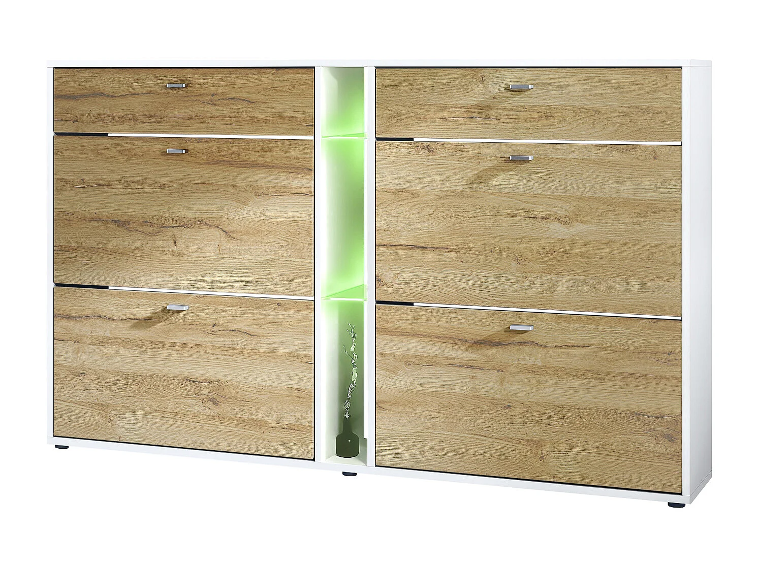 Scarpiera Today con 4 ante e 2 cassetti 155,5 x 95 x 28 cm, con illuminazione a LED RGB, struttura in bianco opaco, frontali in rovere naturale