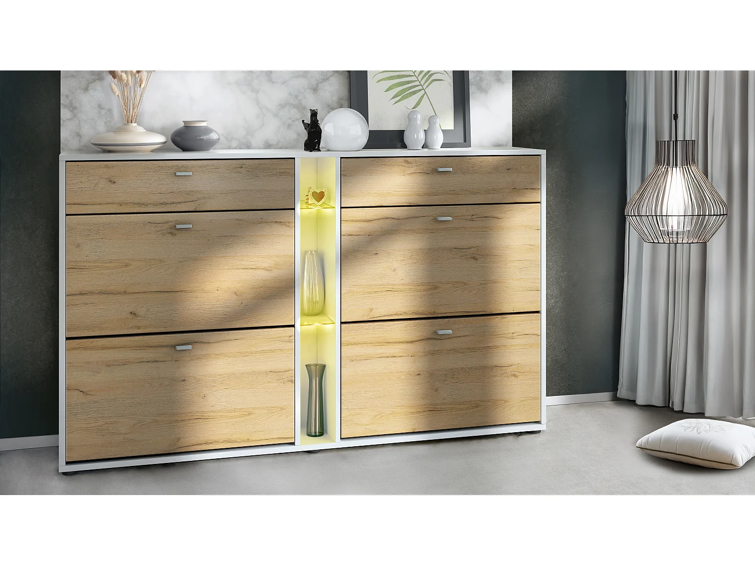 Scarpiera Today con 4 ante e 2 cassetti 155,5 x 95 x 28 cm, con illuminazione a LED RGB, struttura in bianco opaco, frontali in rovere naturale