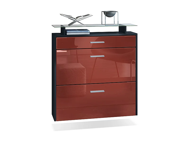 Meuble chaussures Malea, Armoire à chaussures murale pour 16 paires avec 2 clapets, 1 tiroir, Noir mat/Bordeaux brillant  (89 x 96 x 23 cm)