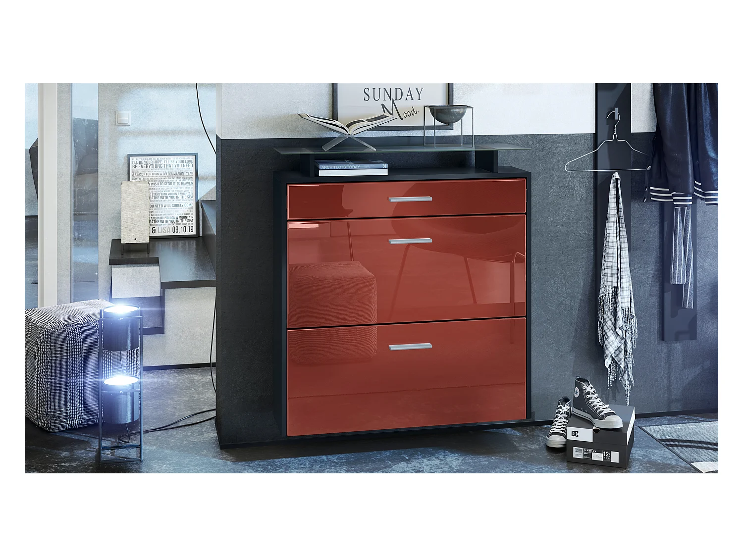 Meuble chaussures Malea, Armoire à chaussures murale pour 16 paires avec 2 clapets, 1 tiroir, Noir mat/Bordeaux brillant  (89 x 96 x 23 cm)