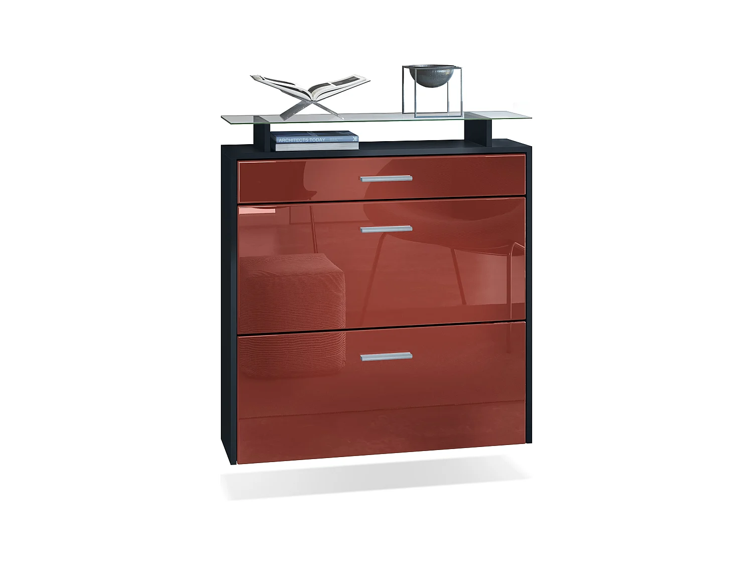 Meuble chaussures Malea, Armoire à chaussures murale pour 16 paires avec 2 clapets, 1 tiroir, Noir mat/Bordeaux brillant  (89 x 96 x 23 cm)