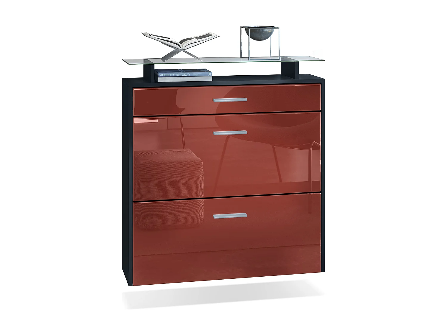 Malea, Scarpiera a muro per 16 paia di scarpe con 2 ante a ribalta, 1 cassetto e ripiano in vetro, nero opaco/bordeaux lucido (89 x 96 x 23 cm)