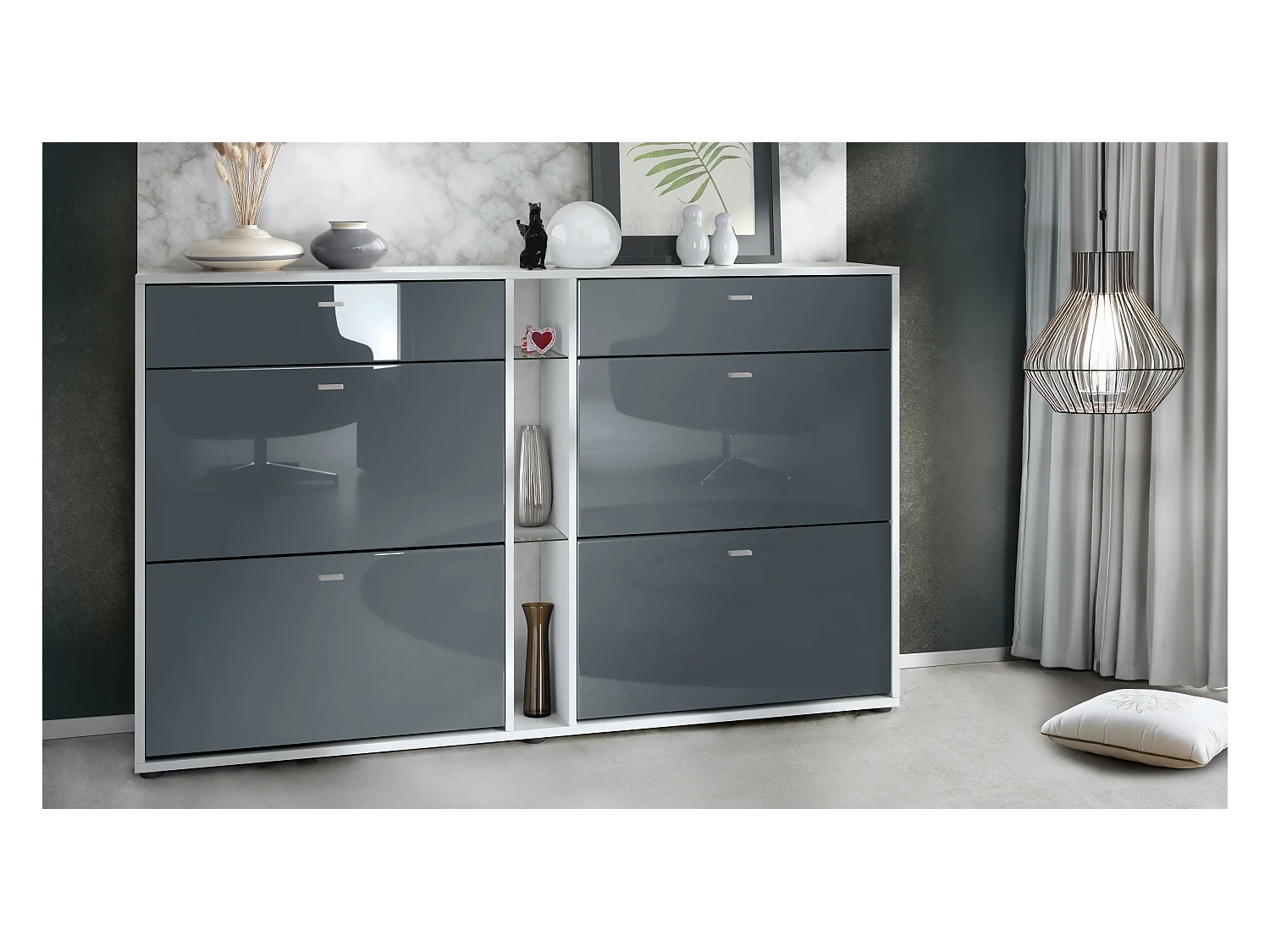 Meuble à chaussures à bascule Today 155,5 x 95 x 28 cm, corps en Blanc mat, façades en gris haute brillance