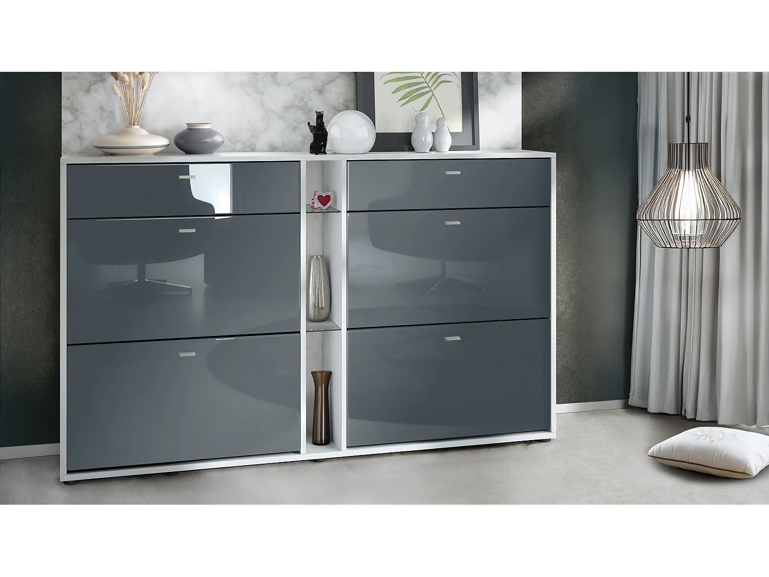 Scarpiera Today con 4 ante e 2 cassetti 155,5 x 95 x 28 cm, struttura in bianco opaco, frontali in grigio lucido