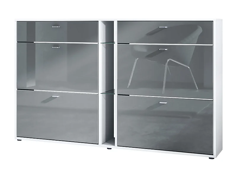 Zapatero con solapas Today 155,5 x 95 x 28 cm, estructura en Blanco mate, frentes en gris de alto brillo