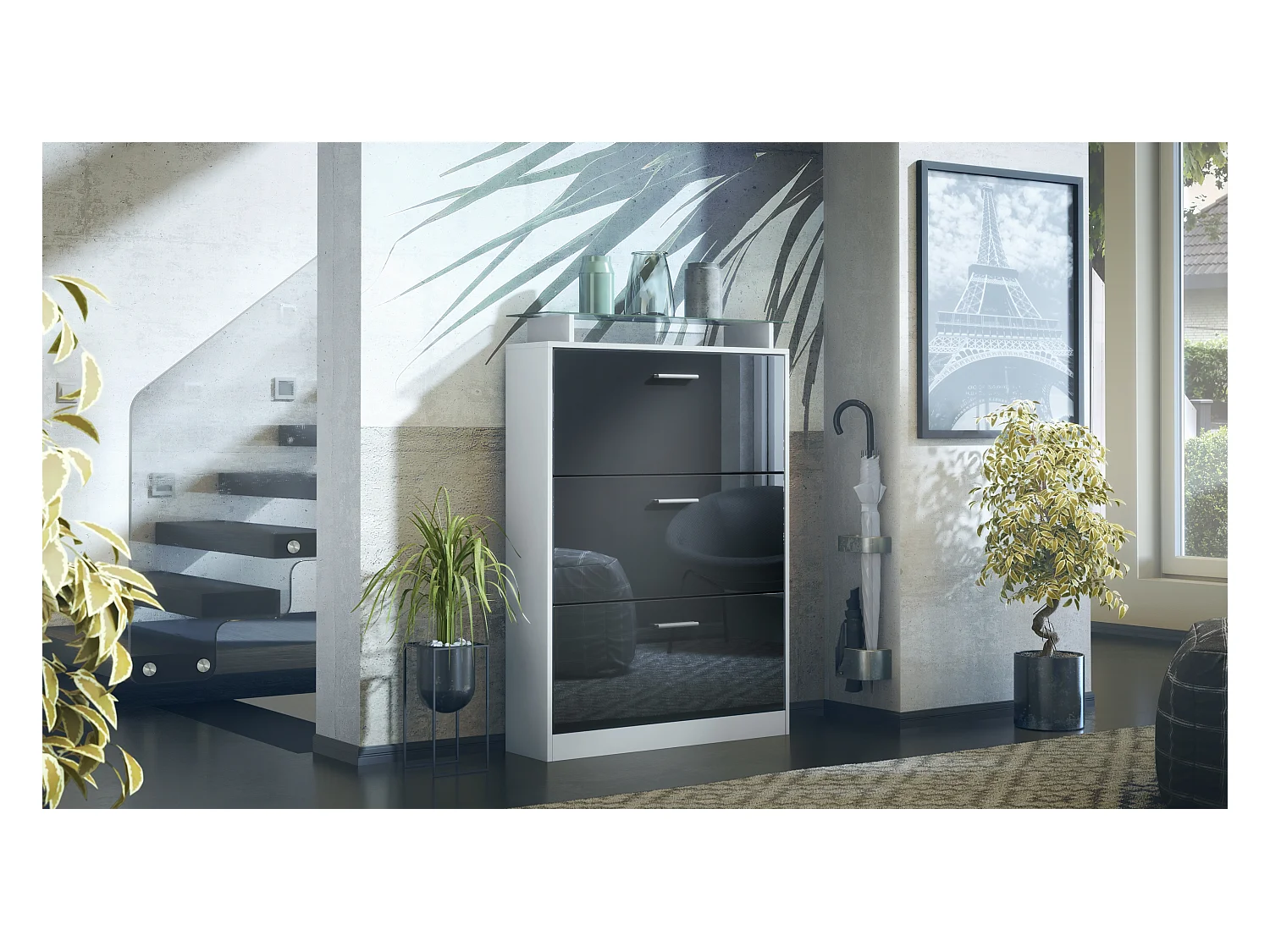 Meuble à chaussures Lavia, basculant pour 24 paires de chaussures avec 3 clapets et étagère en verre, Blanc mat/Noir haute brillance (89 x 128 x 23 cm)