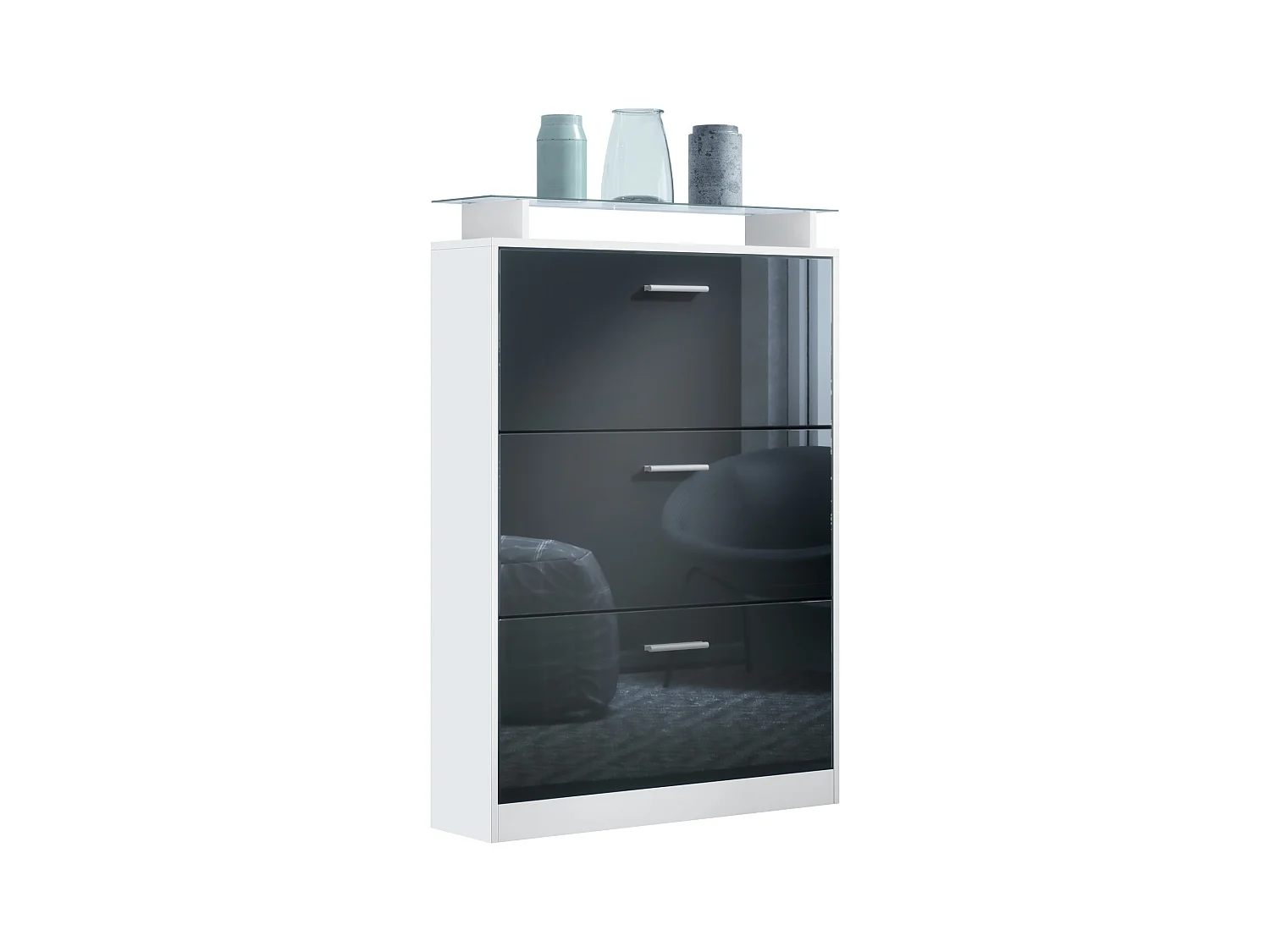 Meuble à chaussures Lavia, basculant pour 24 paires de chaussures avec 3 clapets et étagère en verre, Blanc mat/Noir haute brillance (89 x 128 x 23 cm)