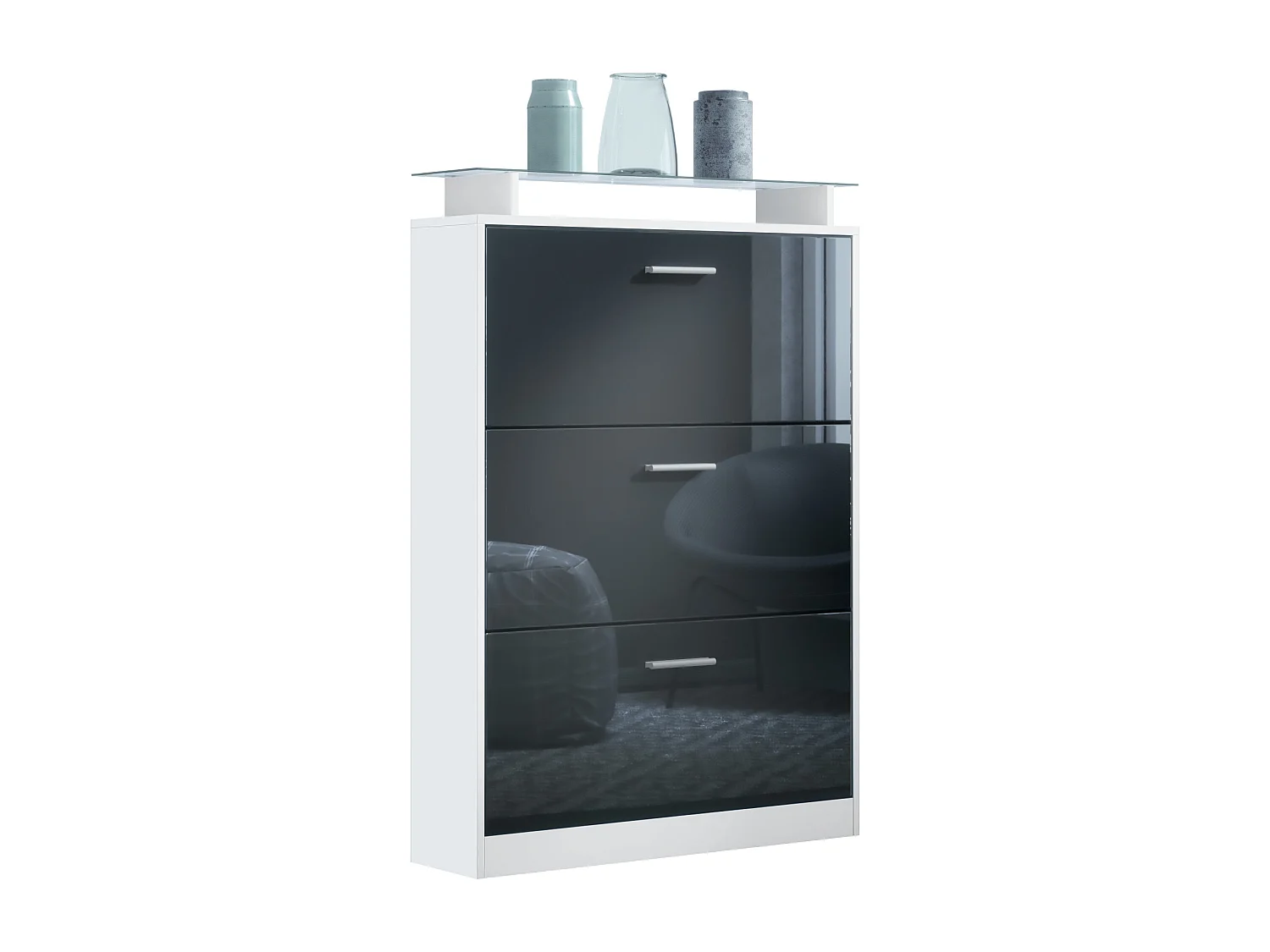 Scarpiera Lavia, mobile per 24 paia di scarpe con 3 ante a ribalta e un ripiano in vetro, bianco opaco/nero lucido (89 x 128 x 23 cm)