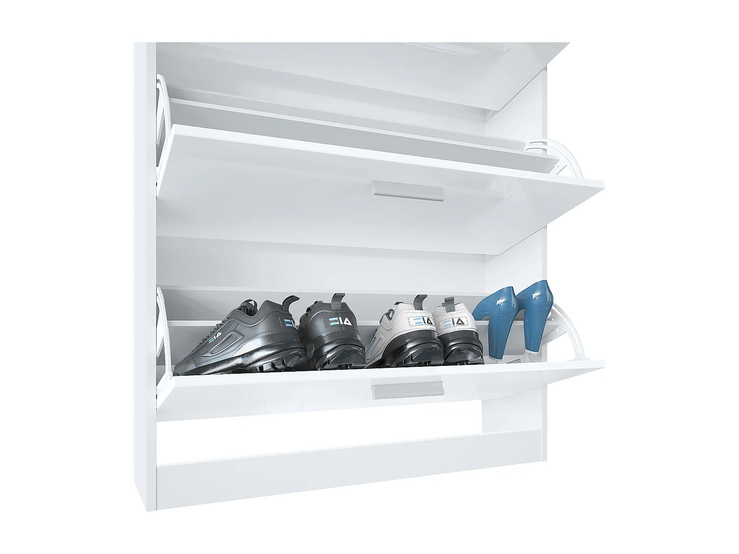 Scarpiera Lavia, mobile per 24 paia di scarpe con 3 ante a ribalta e un ripiano in vetro, bianco opaco/nero lucido (89 x 128 x 23 cm)