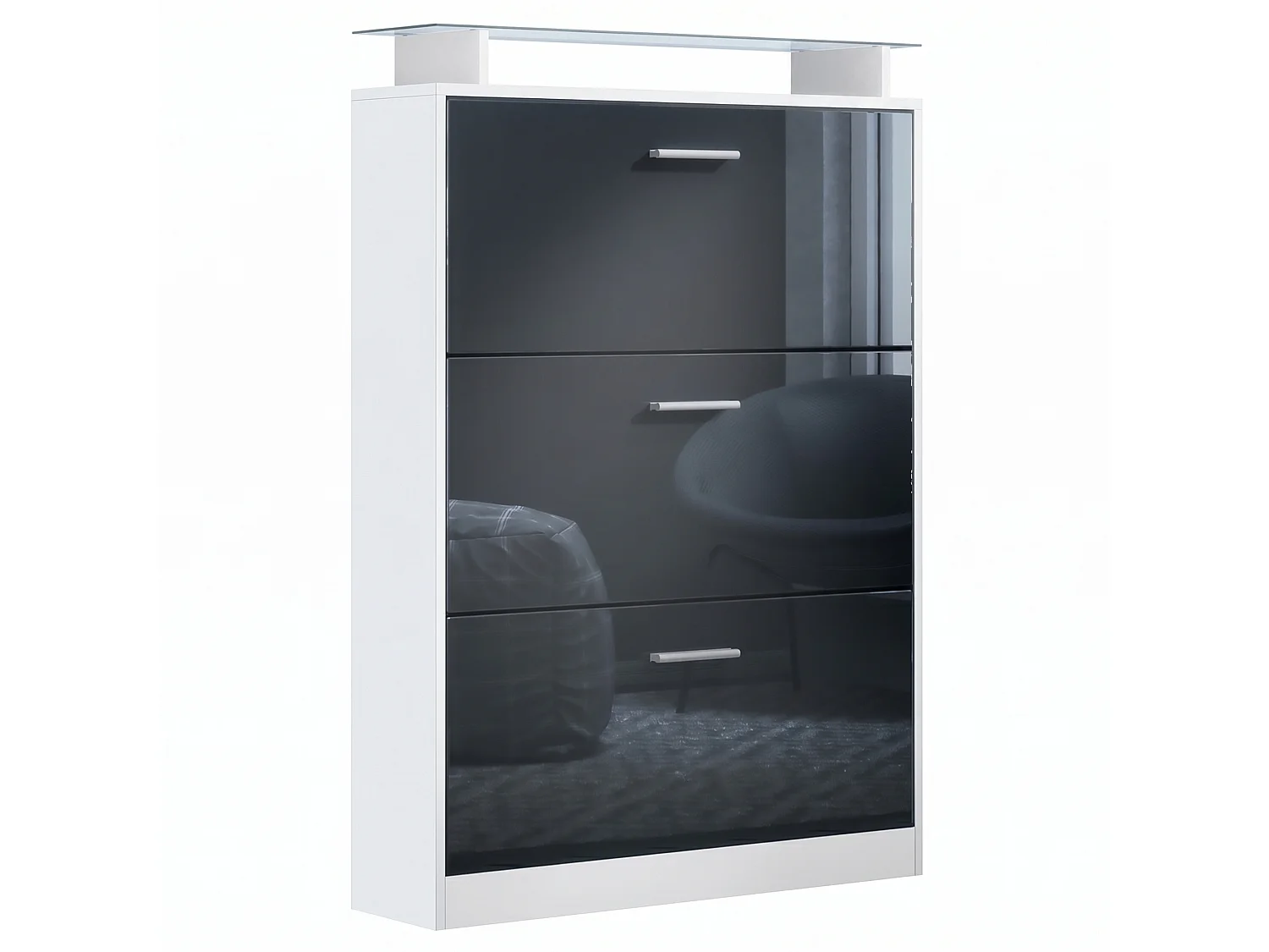 Meuble à chaussures Lavia, basculant pour 24 paires de chaussures avec 3 clapets et étagère en verre, Blanc mat/Noir haute brillance (89 x 128 x 23 cm)