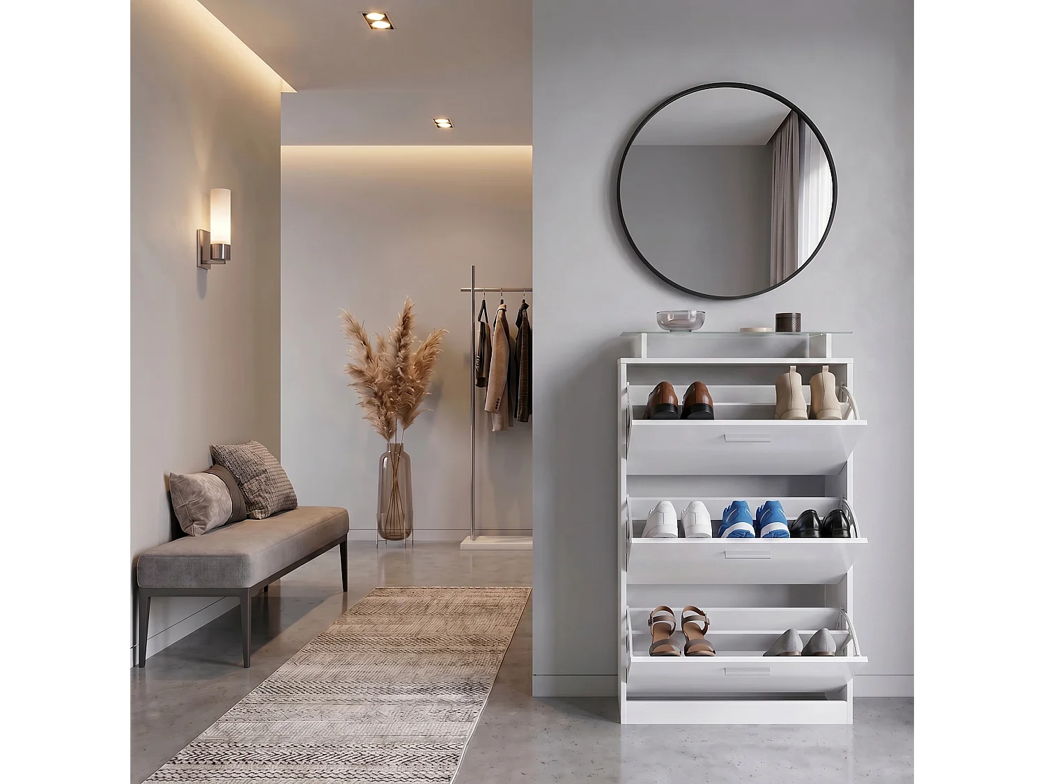 Meuble à chaussures Lavia, basculant pour 24 paires de chaussures avec 3 clapets et étagère en verre, Blanc mat/Noir haute brillance (89 x 128 x 23 cm)