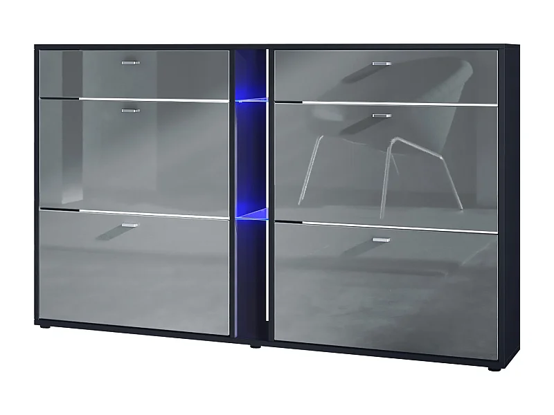 Scarpiera Today con 4 ante e 2 cassetti 155,5 x 95 x 28 cm, con illuminazione LED blu, struttura in nero opaco, frontali in grigio lucido