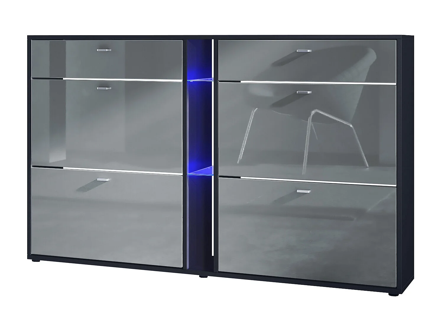 Meuble à chaussures à bascule Today 155,5 x 95 x 28 cm, avec un éclairage LED bleu, corps en Noir mat, façades en gris haute brillance