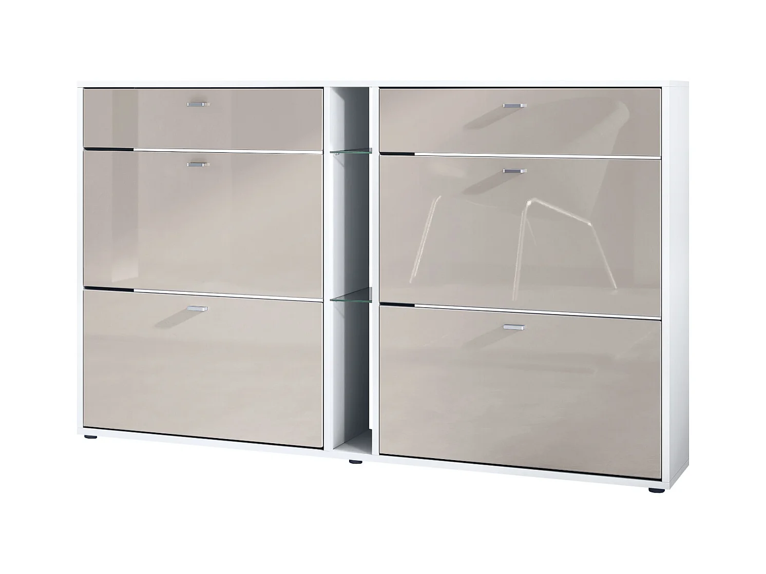 Meuble à chaussures à bascule Today 155,5 x 95 x 28 cm, corps en Blanc mat, façades en gris sable haute brillance