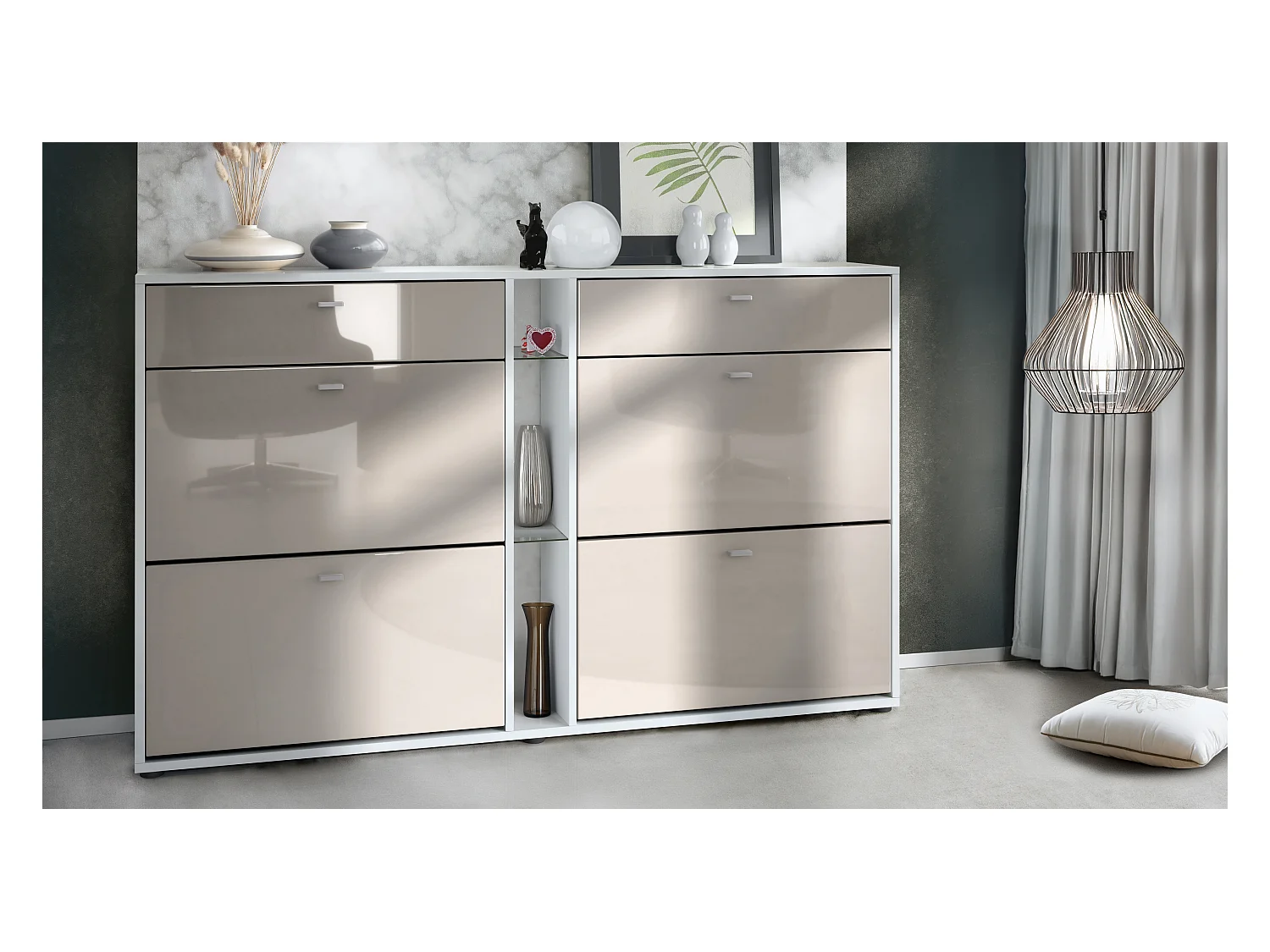 Meuble à chaussures à bascule Today 155,5 x 95 x 28 cm, corps en Blanc mat, façades en gris sable haute brillance