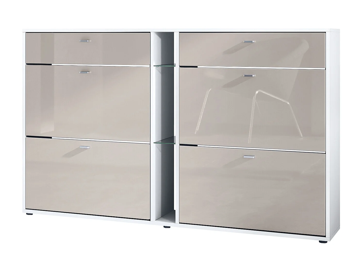 Scarpiera Today con 4 ante e 2 cassetti 155,5 x 95 x 28 cm, struttura in bianco opaco, frontali in grigio sabbia lucido