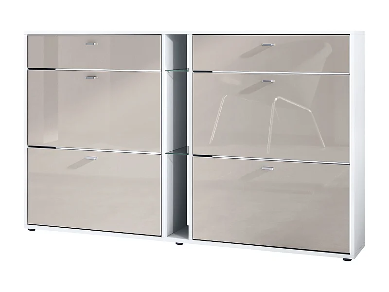 Scarpiera Today con 4 ante e 2 cassetti 155,5 x 95 x 28 cm, struttura in bianco opaco, frontali in grigio sabbia lucido