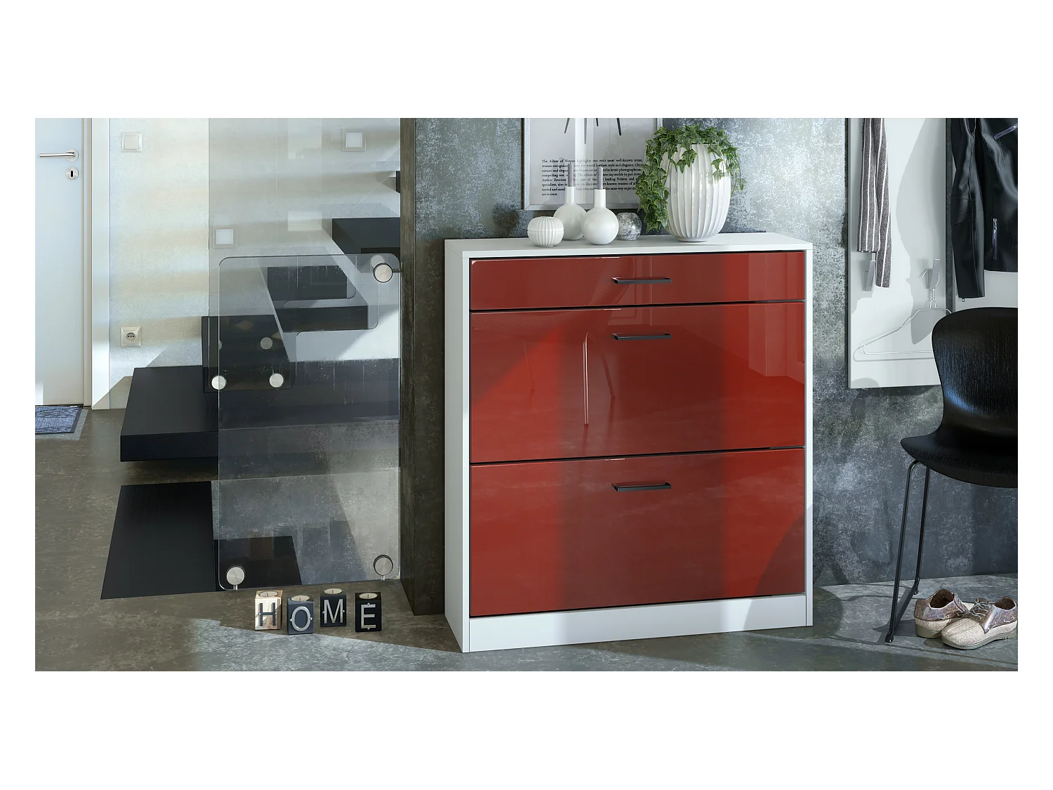 Armoire à chaussures inclinable Elvas 89 x 95,5 x 27 cm, caisson en blanc mat, façade en Bordeaux laqué haute brillance