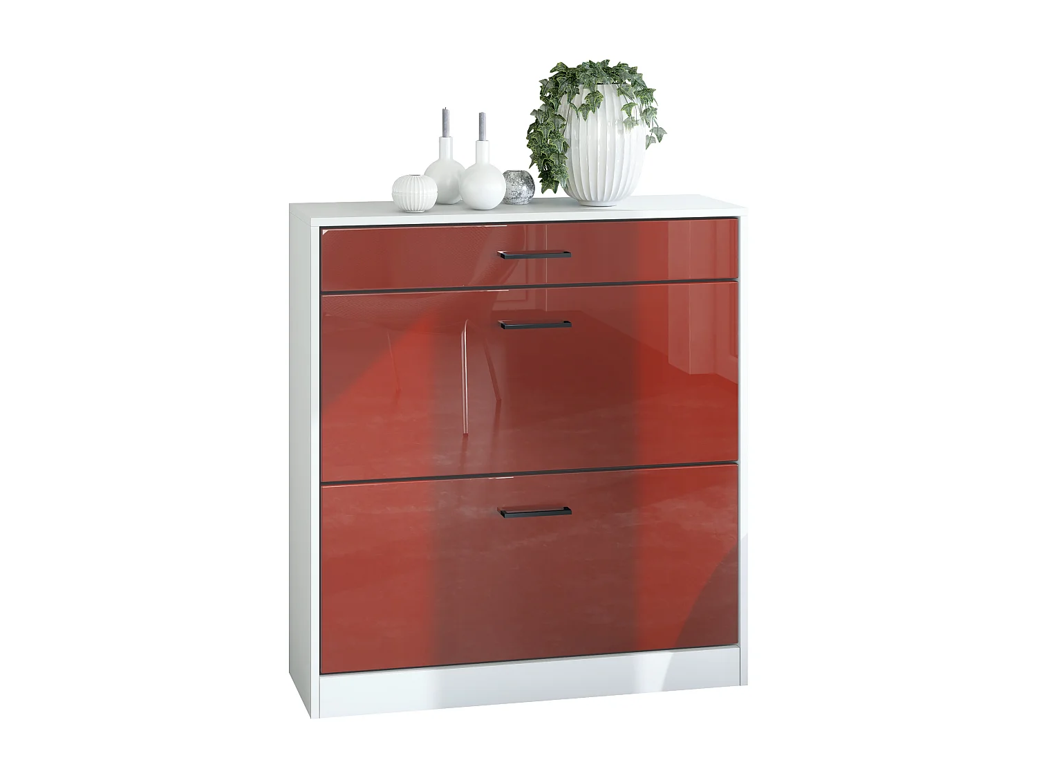 Scarpiera Elvas 89 x 95,5 x 27 cm, Struttura in bianco opaco, frontale in bordeaux lucido | Molteplici opzioni di colore