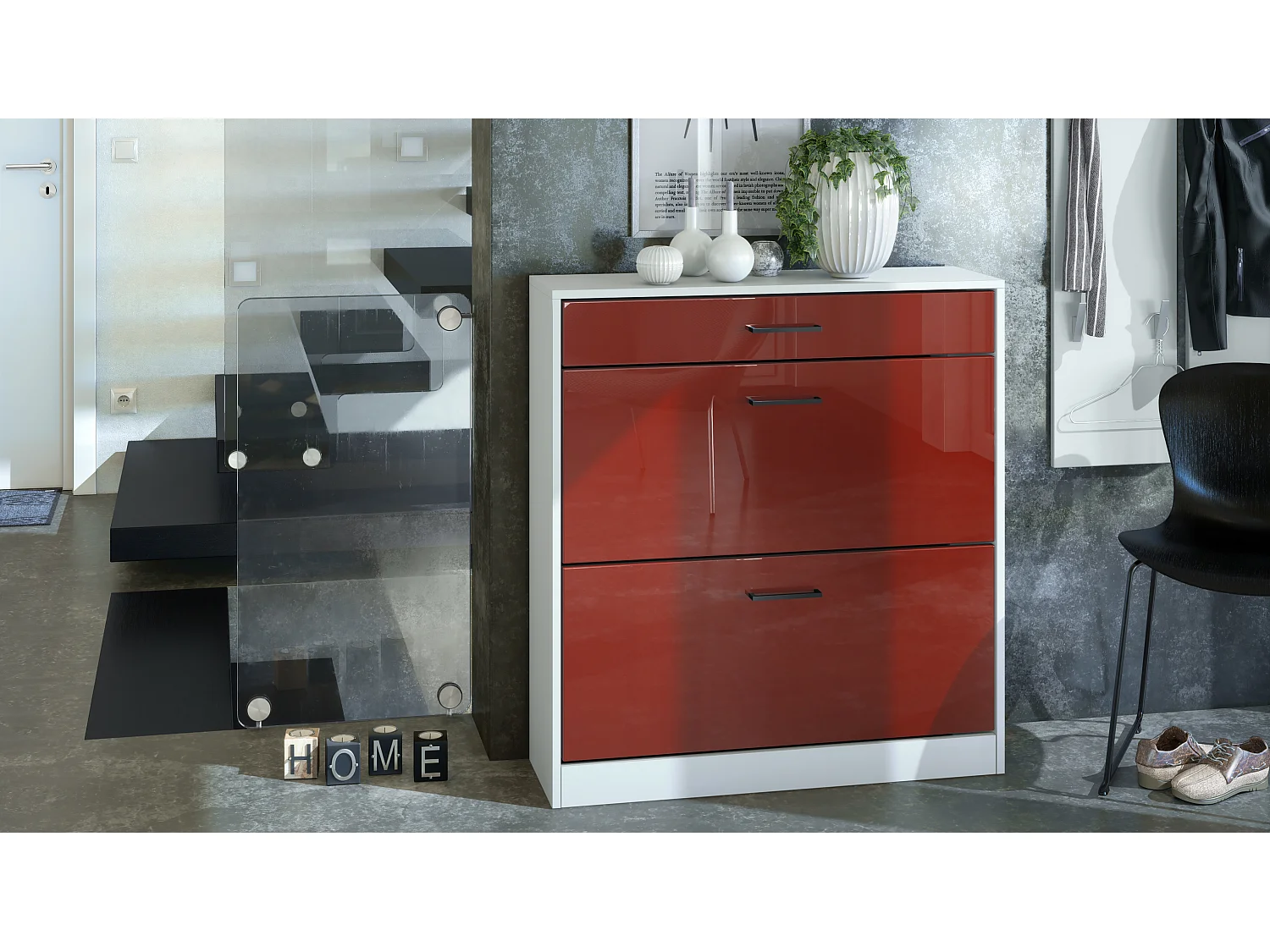 Scarpiera Elvas 89 x 95,5 x 27 cm, Struttura in bianco opaco, frontale in bordeaux lucido | Molteplici opzioni di colore