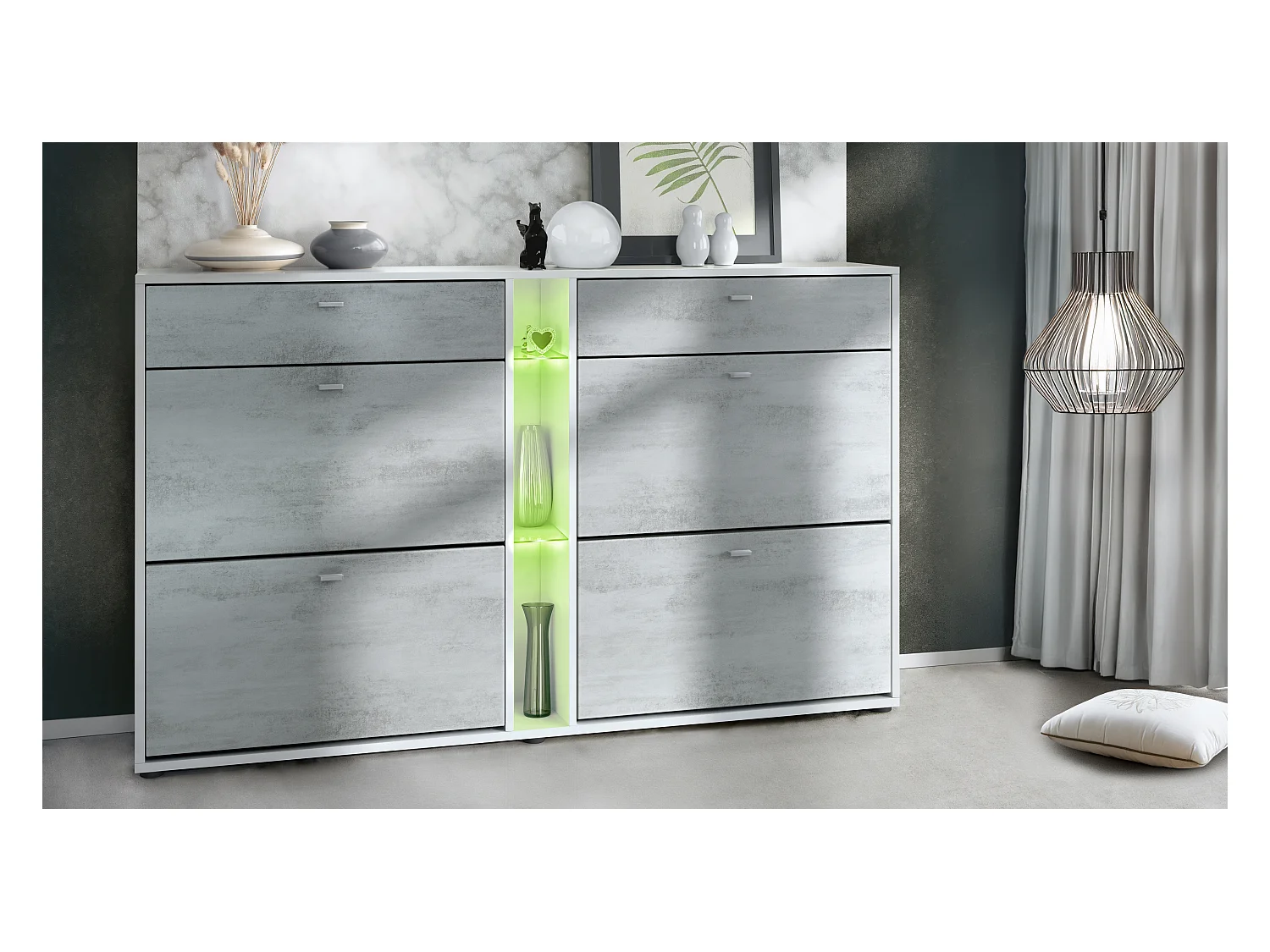 Meuble à chaussures à bascule Today 155,5 x 95 x 28 cm, avec un éclairage LED RGB, corps en Blanc mat, façades en aspect béton oxyde