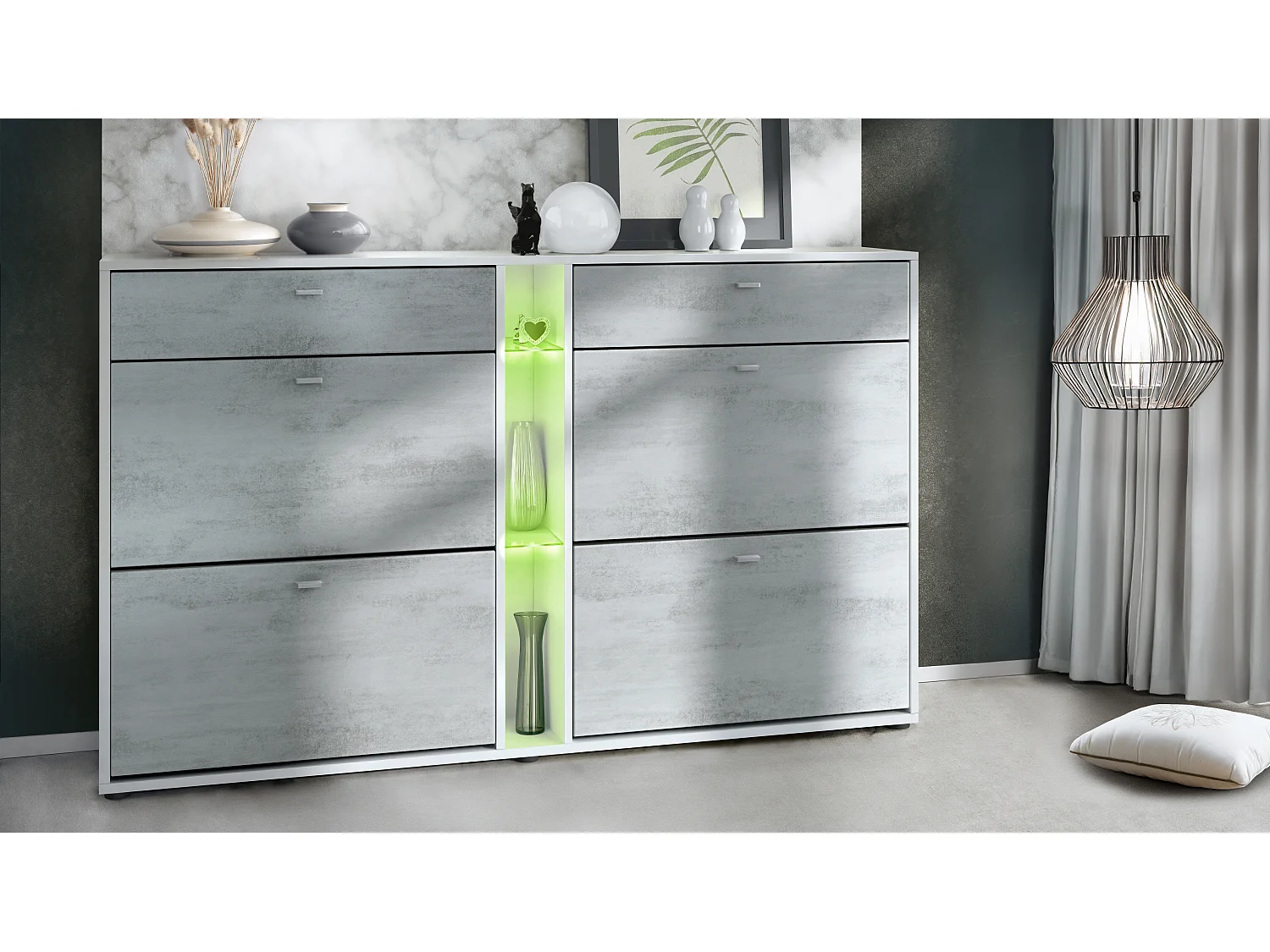 Scarpiera Today con 4 ante e 2 cassetti 155,5 x 95 x 28 cm, con illuminazione a LED RGB, struttura in bianco opaco, frontali in ottica cermento ossido