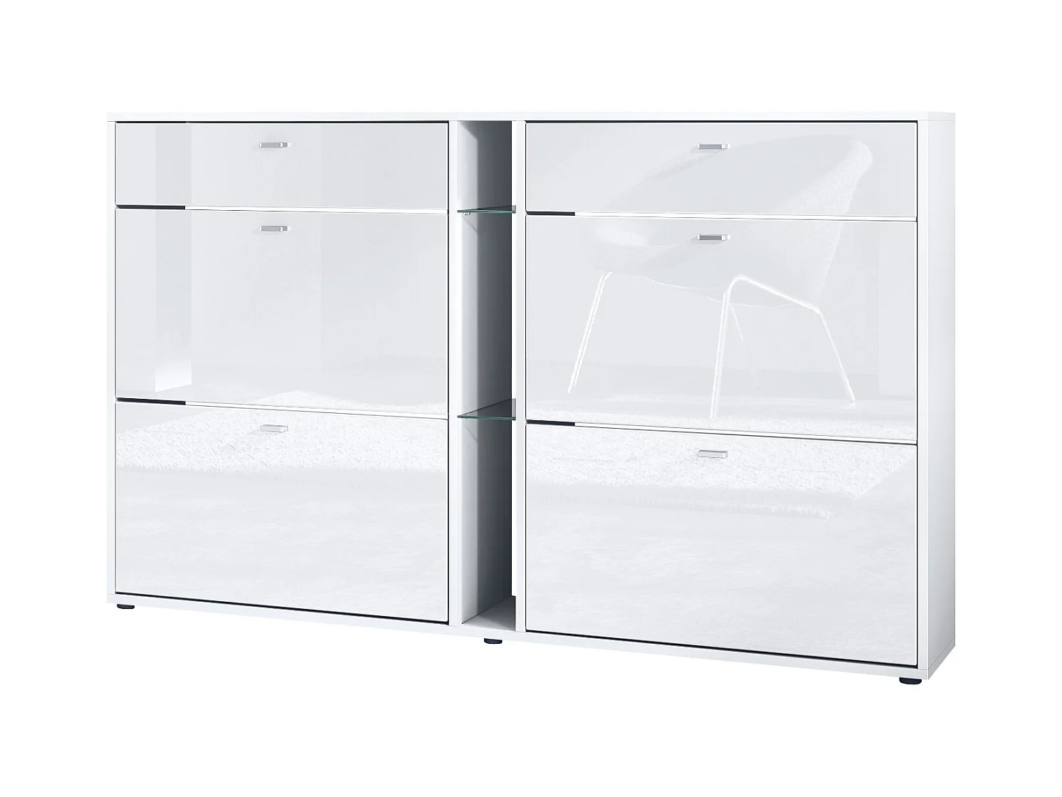 Scarpiera Today con 4 ante e 2 cassetti 155,5 x 95 x 28 cm, struttura in bianco opaco, frontali in bianco lucido