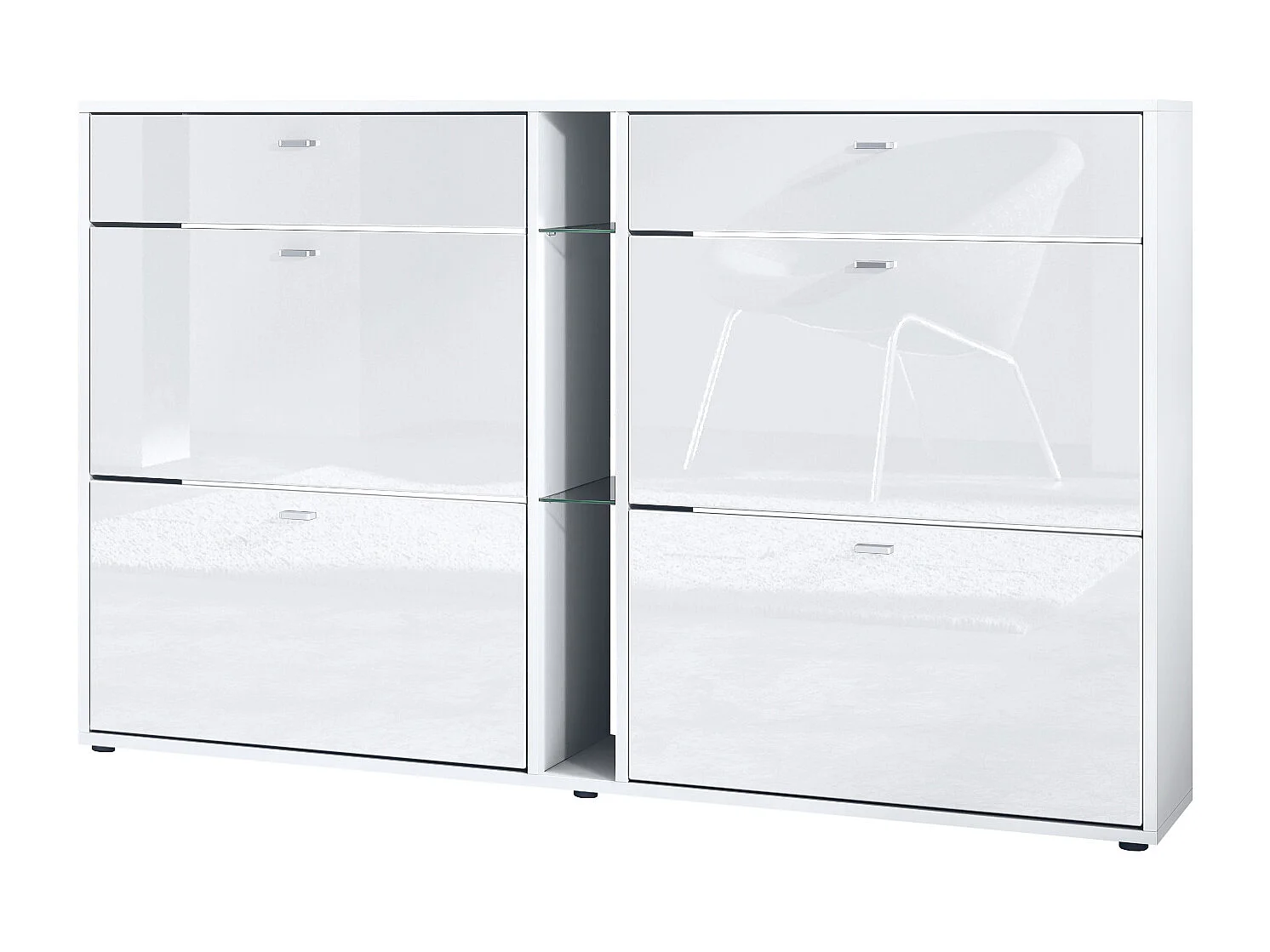 Scarpiera Today con 4 ante e 2 cassetti 155,5 x 95 x 28 cm, struttura in bianco opaco, frontali in bianco lucido