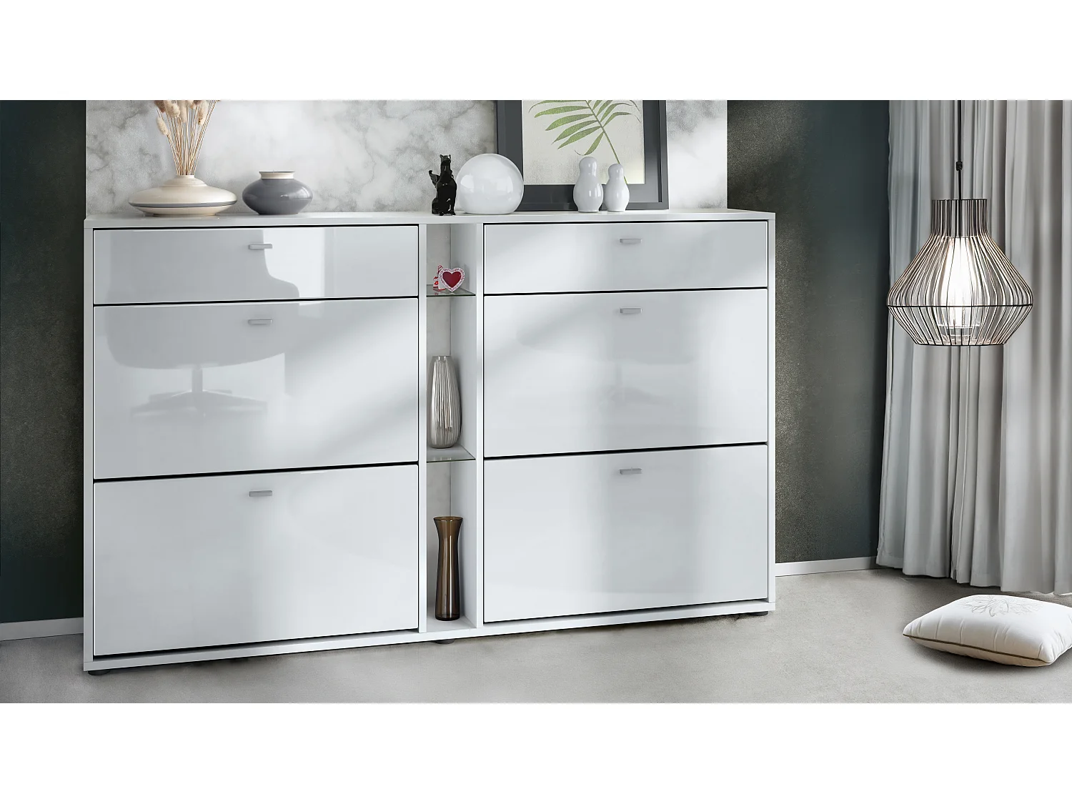 Scarpiera Today con 4 ante e 2 cassetti 155,5 x 95 x 28 cm, struttura in bianco opaco, frontali in bianco lucido