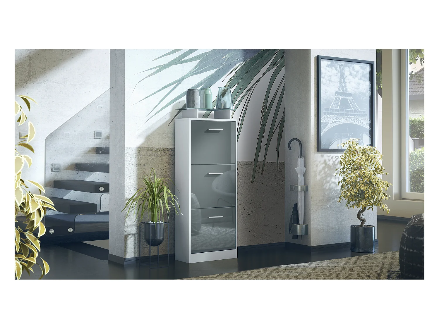 Meuble à Chaussures Lavia V2, Range-Chaussures pour 12 Paires avec 3 Abattants et Étagère en Verre, blanc mat/gris haute brillance (46 x 128 x 23 cm)