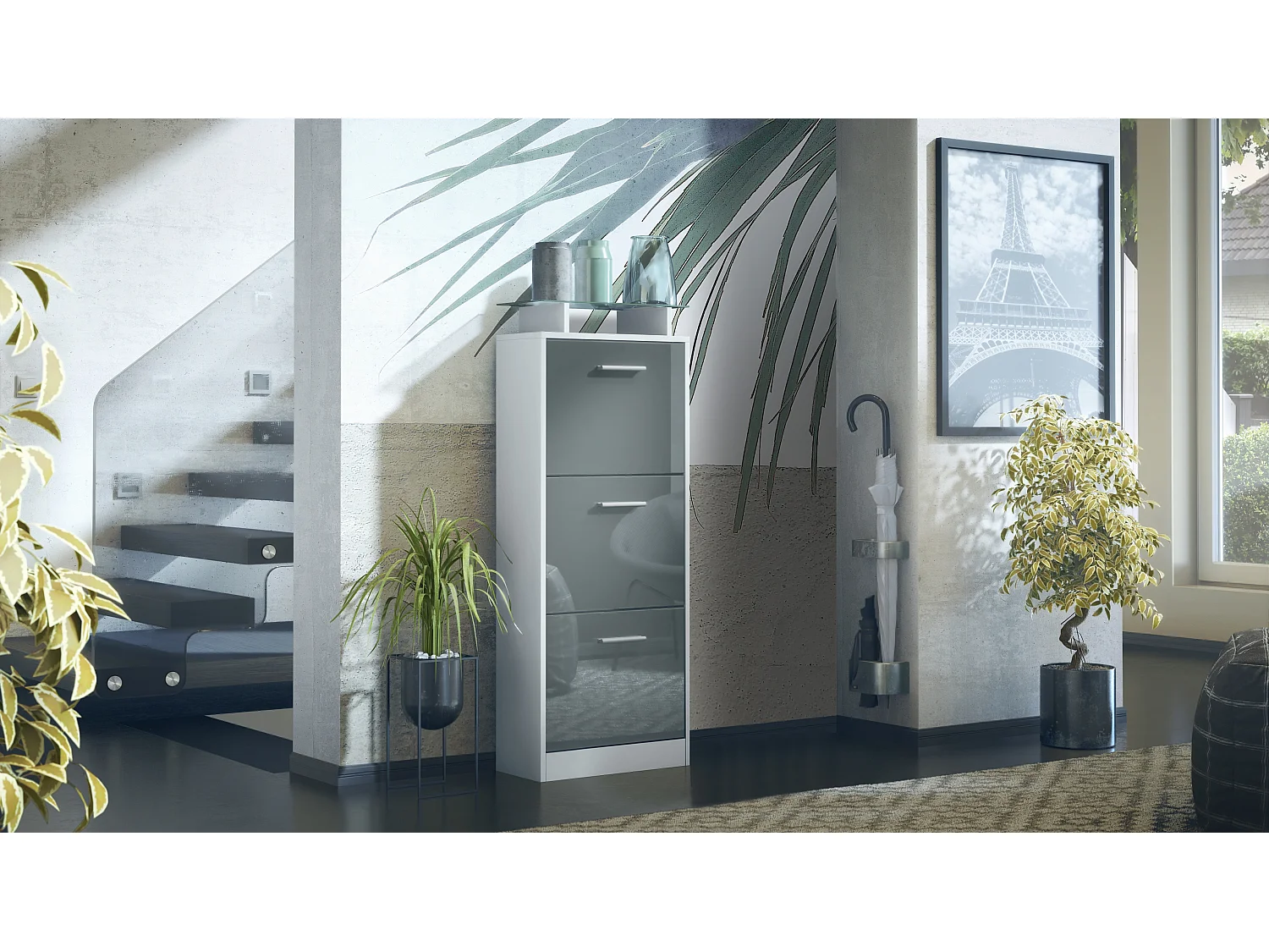 Vladon Scarpiera Lavia V2, Scarpiera per 12 Paia di Scarpe con 3 Ribalte e Mensola in Vetro, bianco opaco/grigio lucido (46 x 128 x 23 cm)