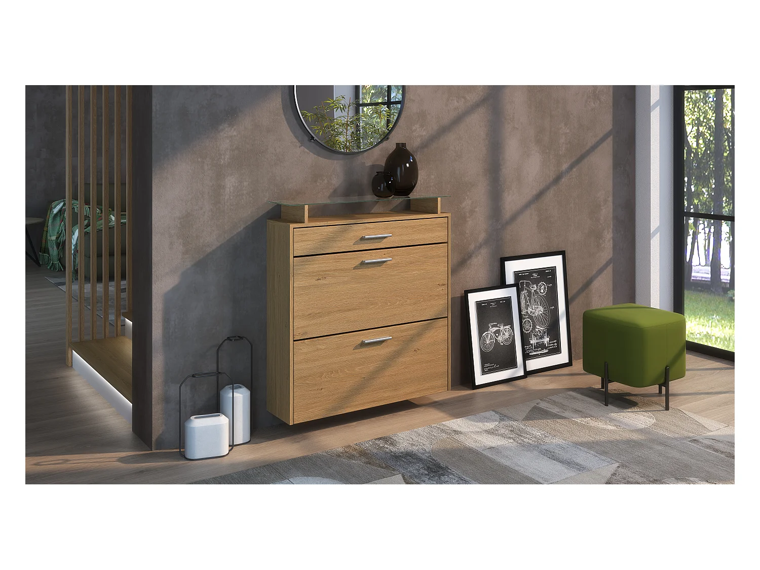 Meuble à Chaussures Malea – espace de rangement suspendu pour 16 paires avec 1 tiroir, Étagère à Chaussures en Chêne Scandi / Chêne Scandi (89 x 95,5 x 23 cm)