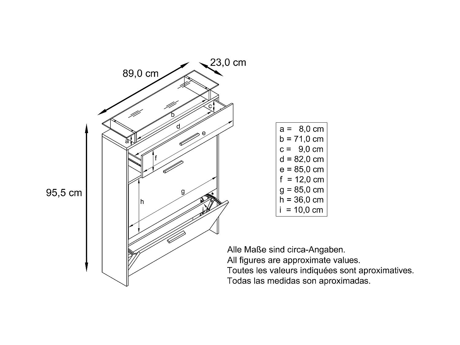 Meuble à Chaussures Malea – espace de rangement suspendu pour 16 paires avec 1 tiroir, Étagère à Chaussures en Chêne Scandi / Chêne Scandi (89 x 95,5 x 23 cm)