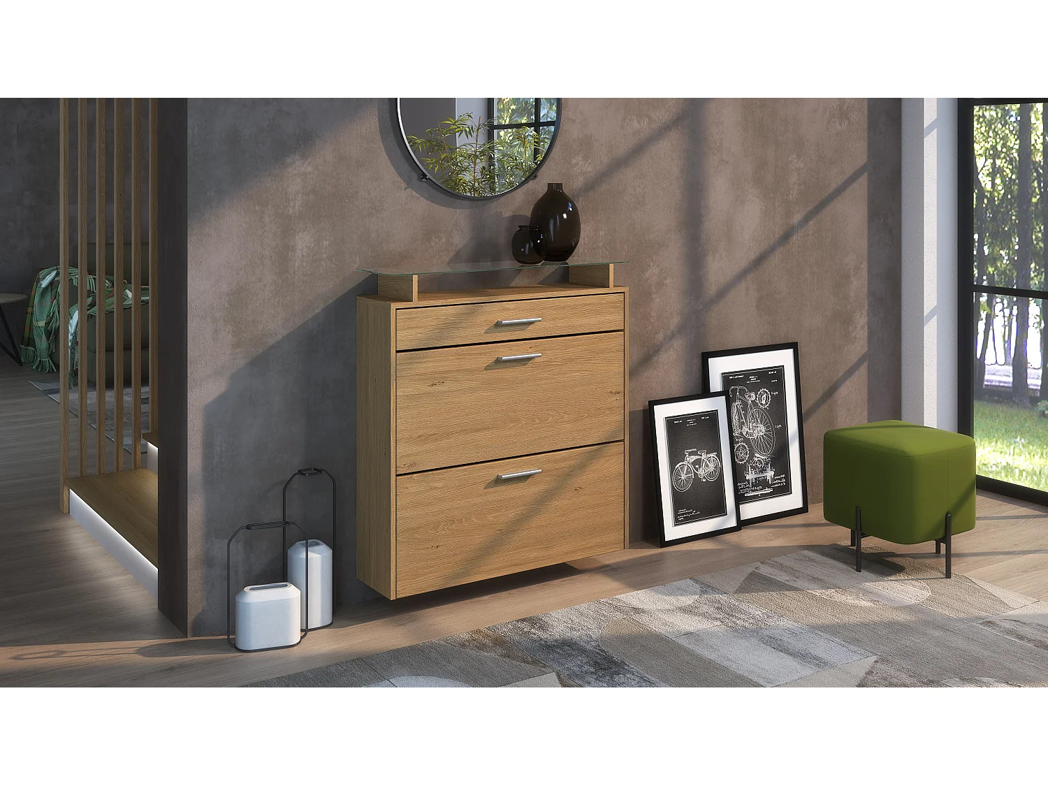 Scarpiera Malea – Scarpiera sospesa per 16 paia di scarpe con 1 cassetto, Scaffale per Scarpe in Rovere Scandi / Rovere Scandi (89 x 95,5 x 23 cm)