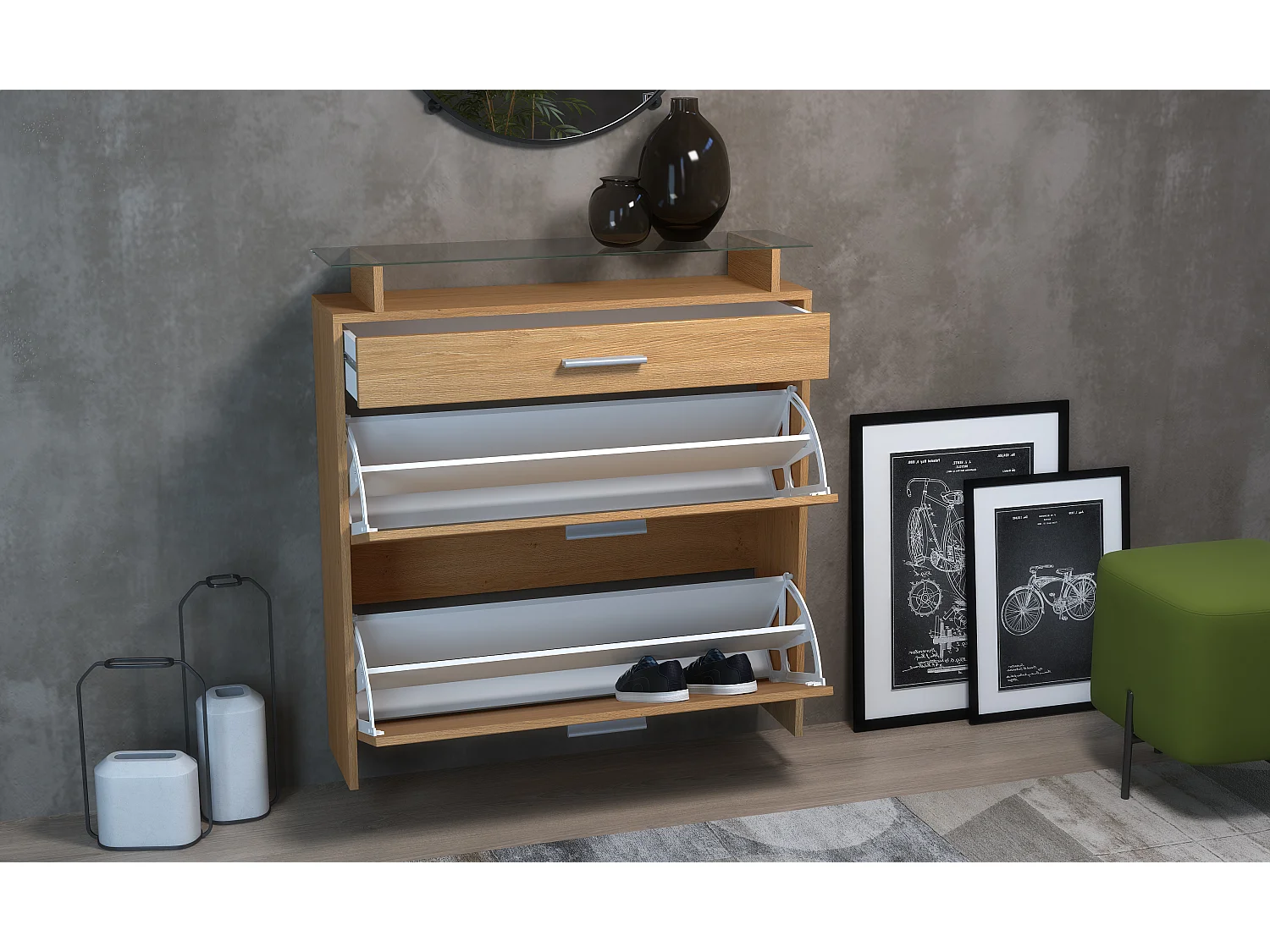 Scarpiera Malea – Scarpiera sospesa per 16 paia di scarpe con 1 cassetto, Scaffale per Scarpe in Rovere Scandi / Rovere Scandi (89 x 95,5 x 23 cm)