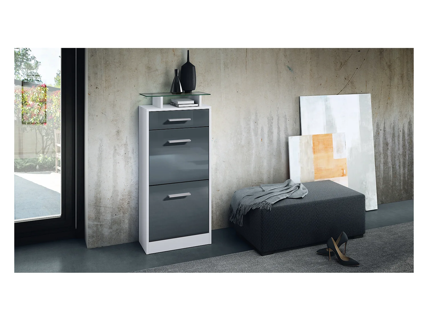 Meuble chaussure Loret V2, Étagère à chaussures pour 8 paires de chaussures avec 2 clapets, 1 tiroir, Blanc mat/Gris brillant (46 x 104 x 23 cm)