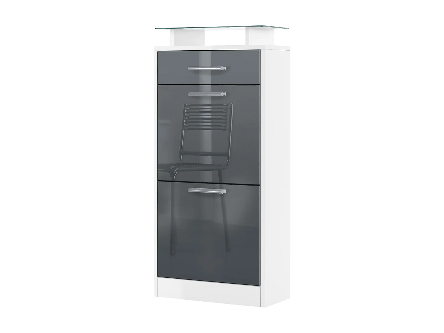 Meuble chaussure Loret V2, Étagère à chaussures pour 8 paires de chaussures avec 2 clapets, 1 tiroir, Blanc mat/Gris brillant (46 x 104 x 23 cm)