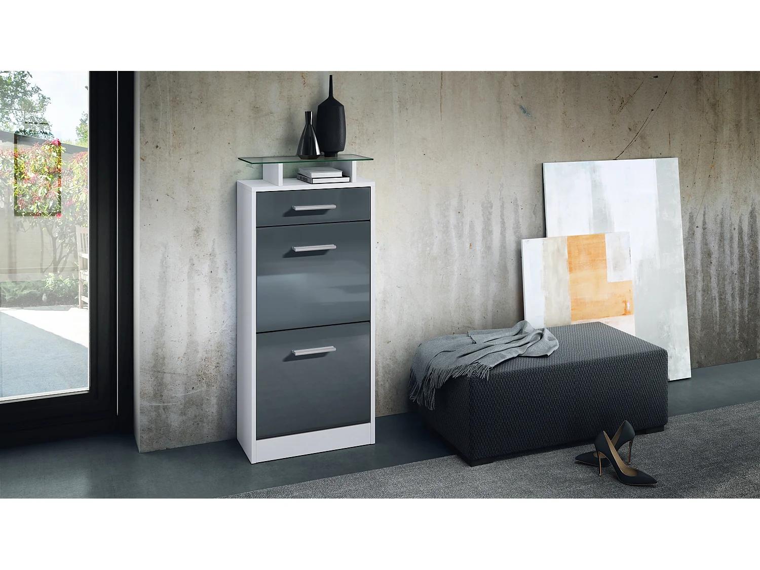 Meuble chaussure Loret V2, Étagère à chaussures pour 8 paires de chaussures avec 2 clapets, 1 tiroir, Blanc mat/Gris brillant (46 x 104 x 23 cm)