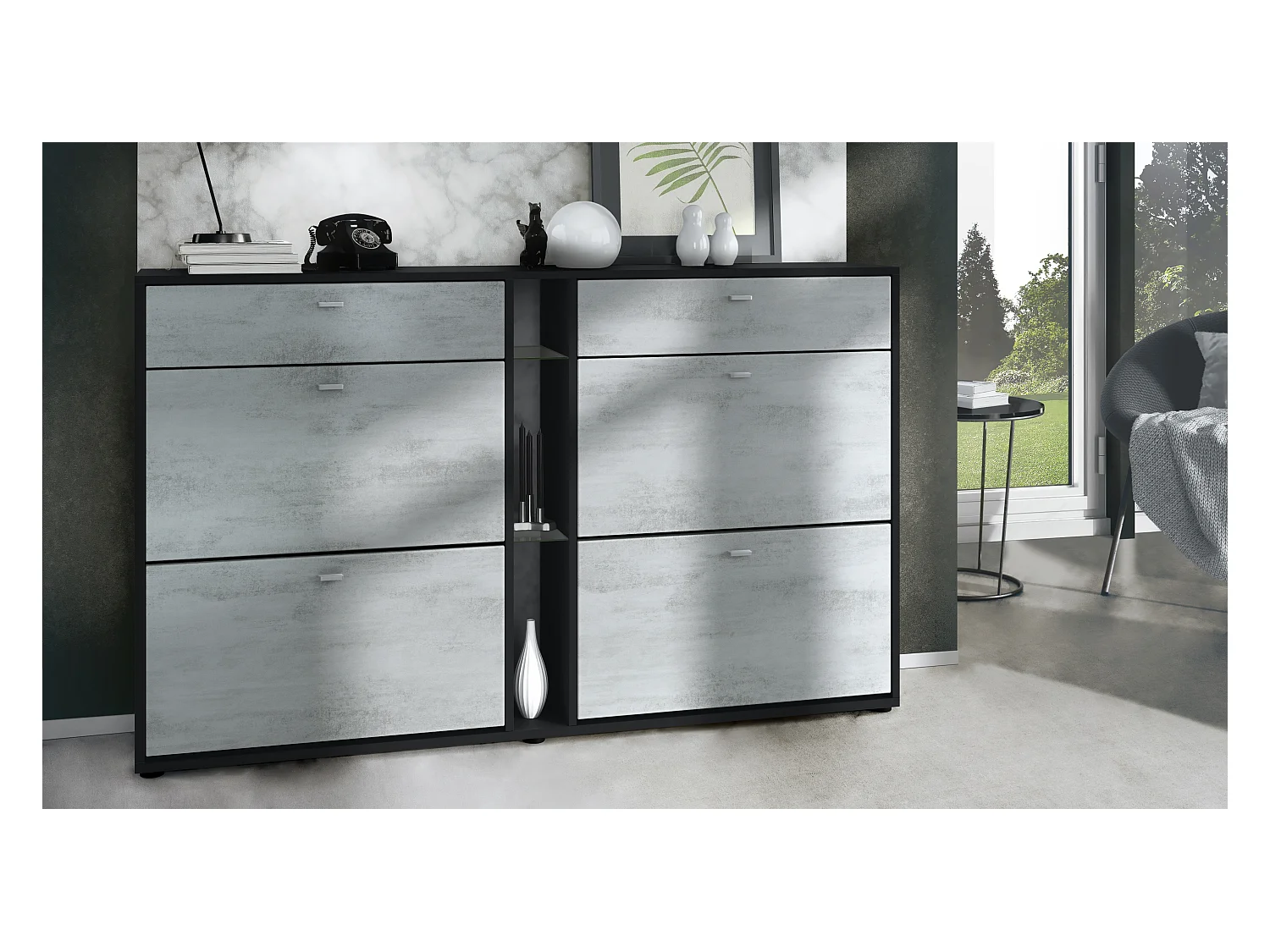 Meuble à chaussures à bascule Today 155,5 x 95 x 28 cm, corps en Noir mat, façades en aspect béton oxyde