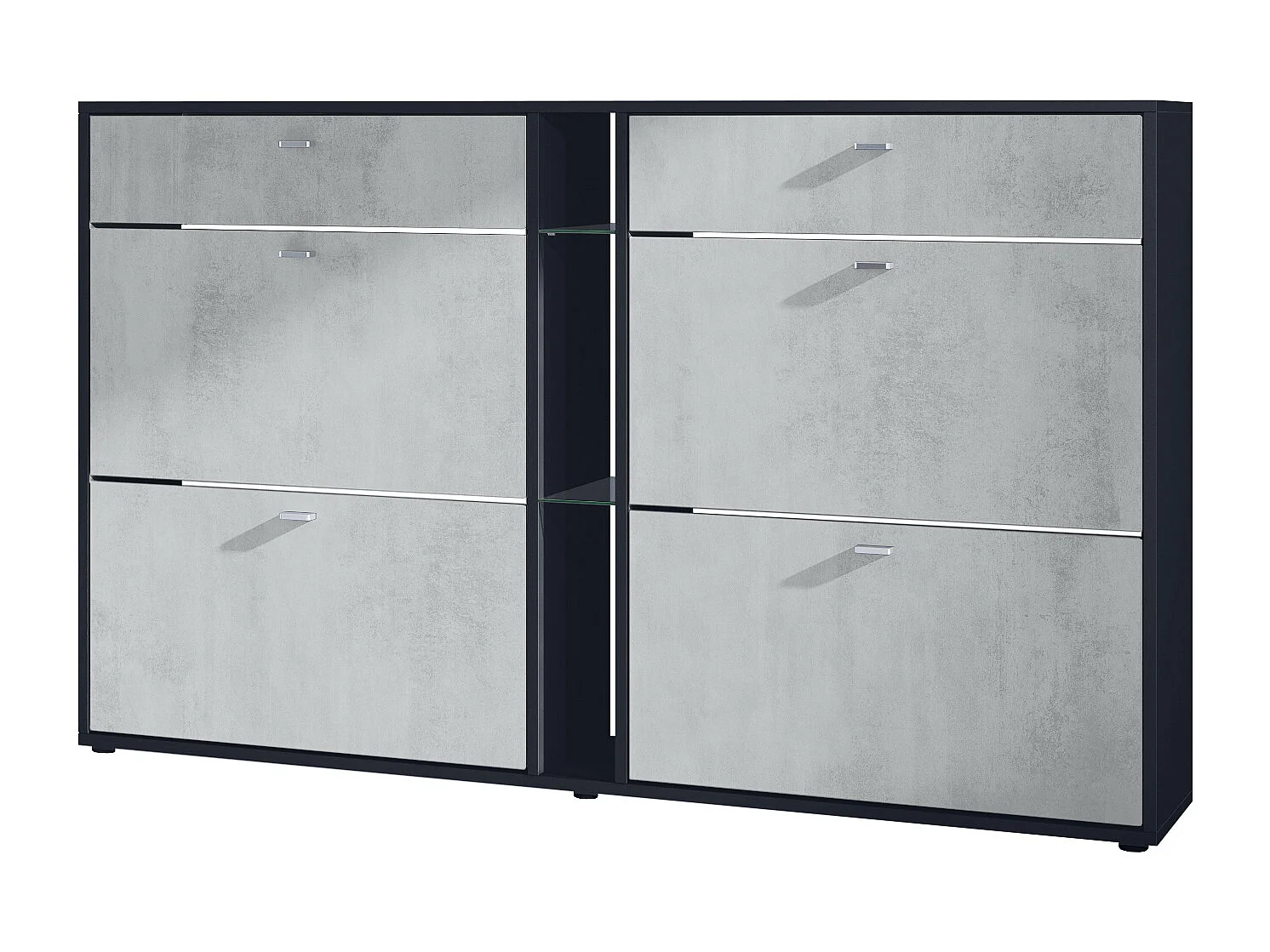 Scarpiera Today con 4 ante e 2 cassetti 155,5 x 95 x 28 cm, struttura in nero opaco, frontali in ottica cermento ossido