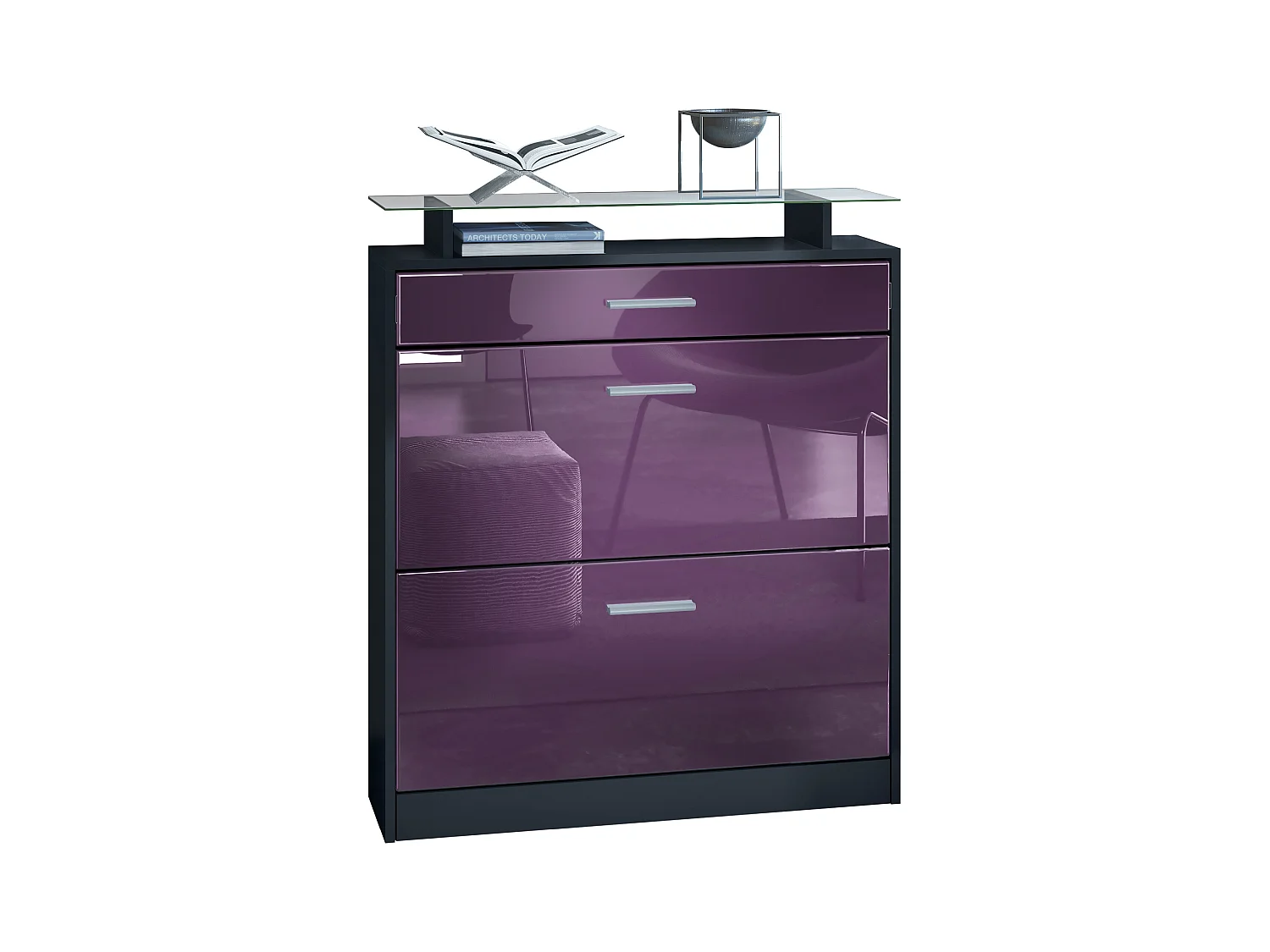 Meuble chaussure Loret, Étagère à chaussures pour 16 paires de chaussures avec 2 clapets à bascule, 1 tiroir, Noir mat/Mûre brillant (89 x 104 x 23 cm)