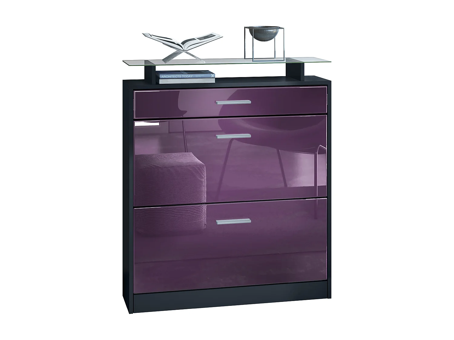 Scarpiera  Loret, mobile per 16 paia di scarpe con 2 ante a ribalta, 1 cassetto e ripiano in vetro, nero opaco/violetto-porpora (89 x 104 x 23 cm)