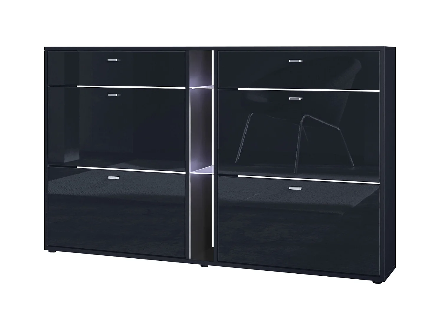 Meuble à chaussures à bascule Today 155,5 x 95 x 28 cm, avec un éclairage LED blanc, corps en Noir mat, façades en noir haute brillance