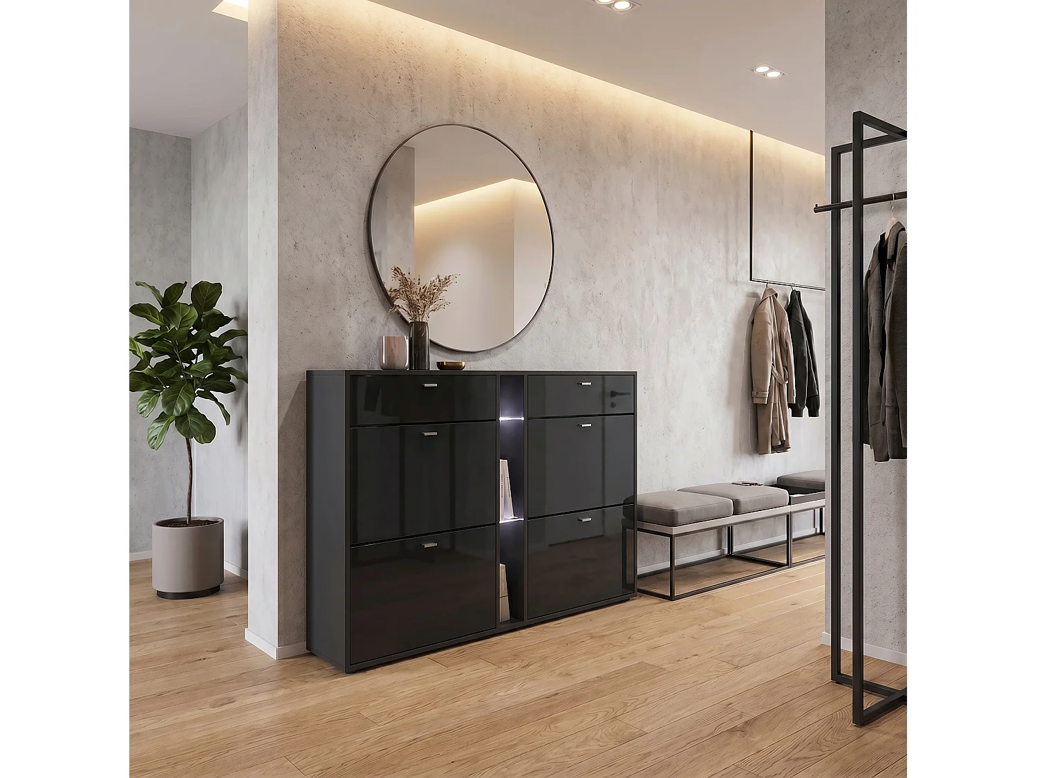 Meuble à chaussures à bascule Today 155,5 x 95 x 28 cm, avec un éclairage LED blanc, corps en Noir mat, façades en noir haute brillance