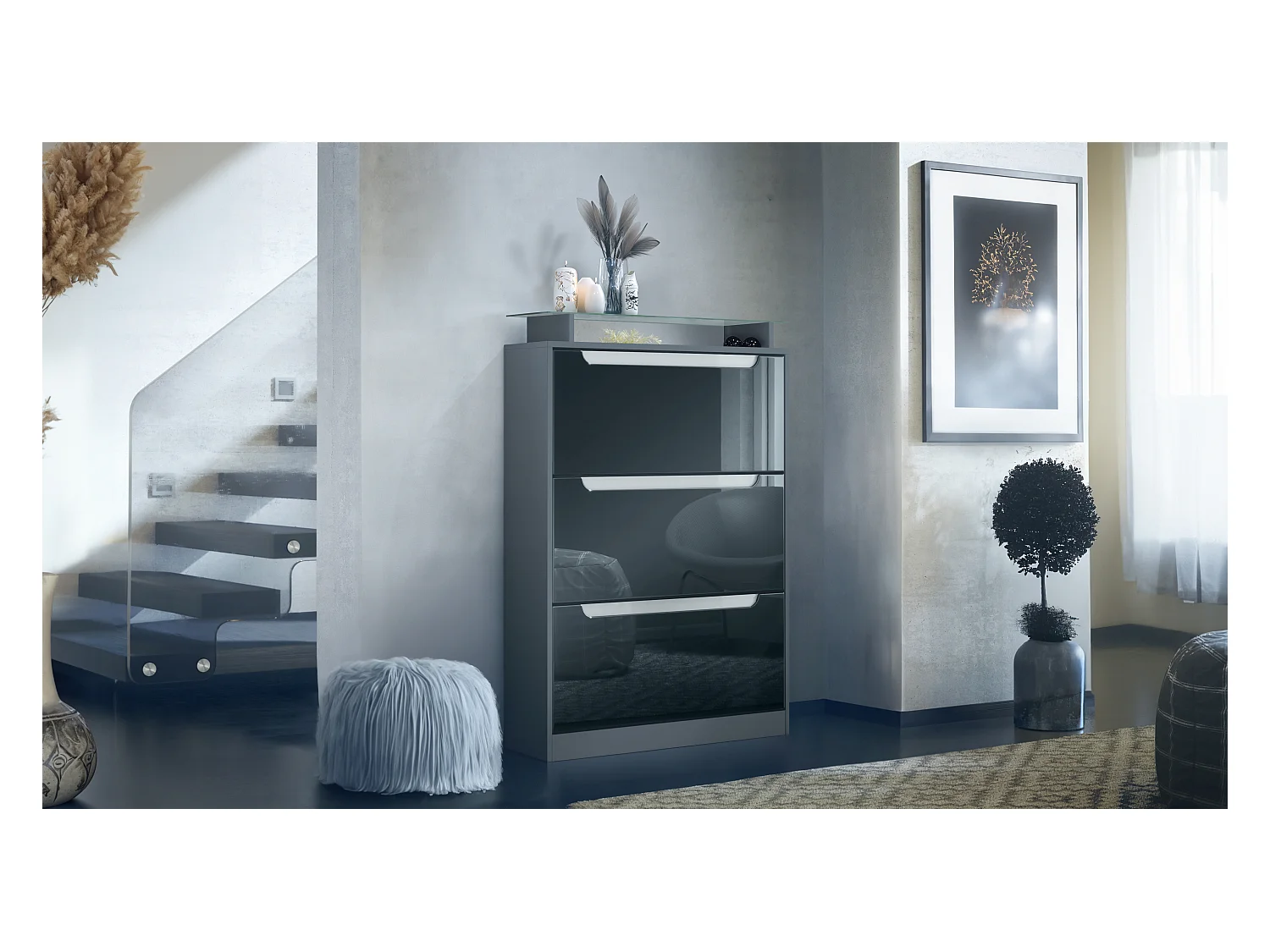 Meuble à chaussures Space, range-chaussures pour 24 paires avec 3 abattants et étagère en verre, anthracite mat/noir haute brillance (89 x 128 x 23 cm)