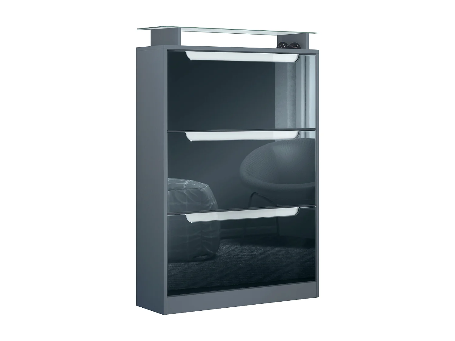 Scarpiera Space, portascarpe per 24 paia con 3 ribalte e ripiano in vetro, antracite opaco/nero lucido (89 x 128 x 23 cm)