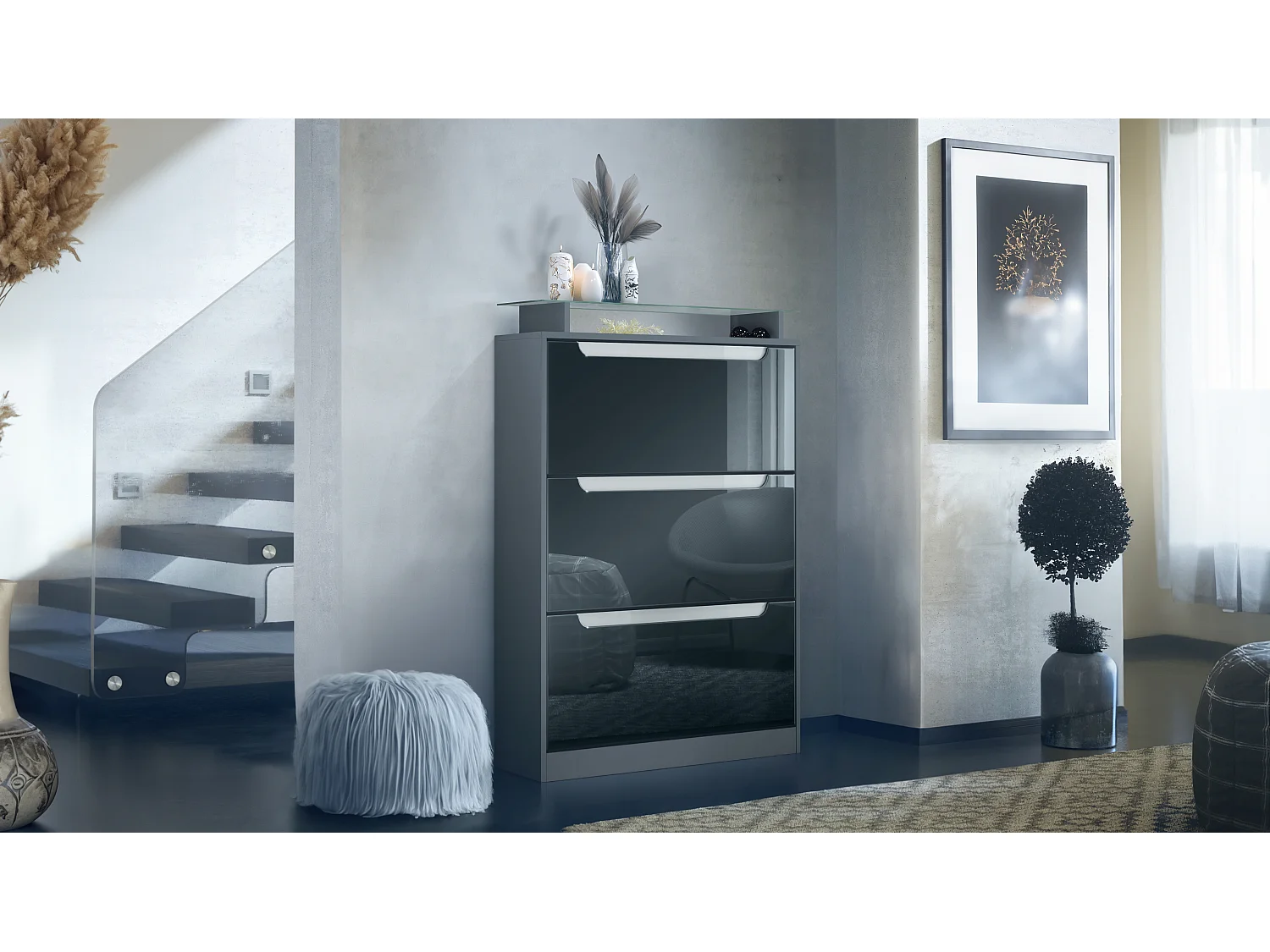 Scarpiera Space, portascarpe per 24 paia con 3 ribalte e ripiano in vetro, antracite opaco/nero lucido (89 x 128 x 23 cm)