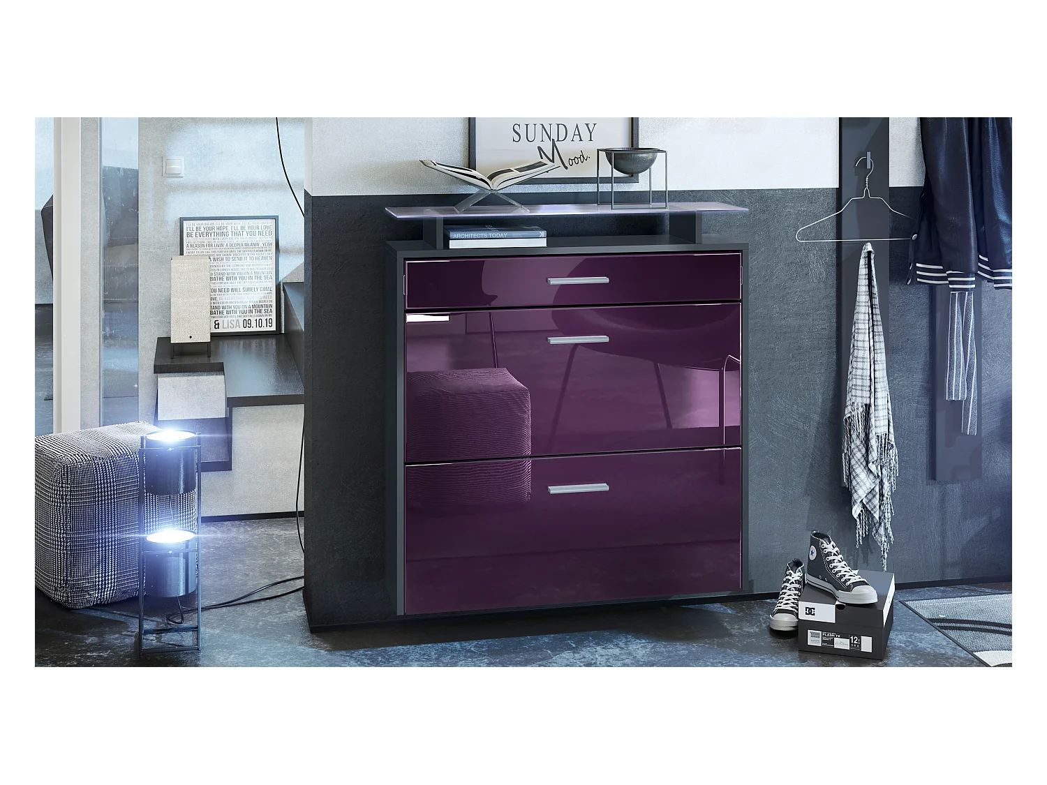 Armoire à chaussures Malea de , anthracite mat/mûre brillant y compris LED - basculeur à chaussures suspendu pour 16 paires de chaussures (89 x 96 x 23 cm)